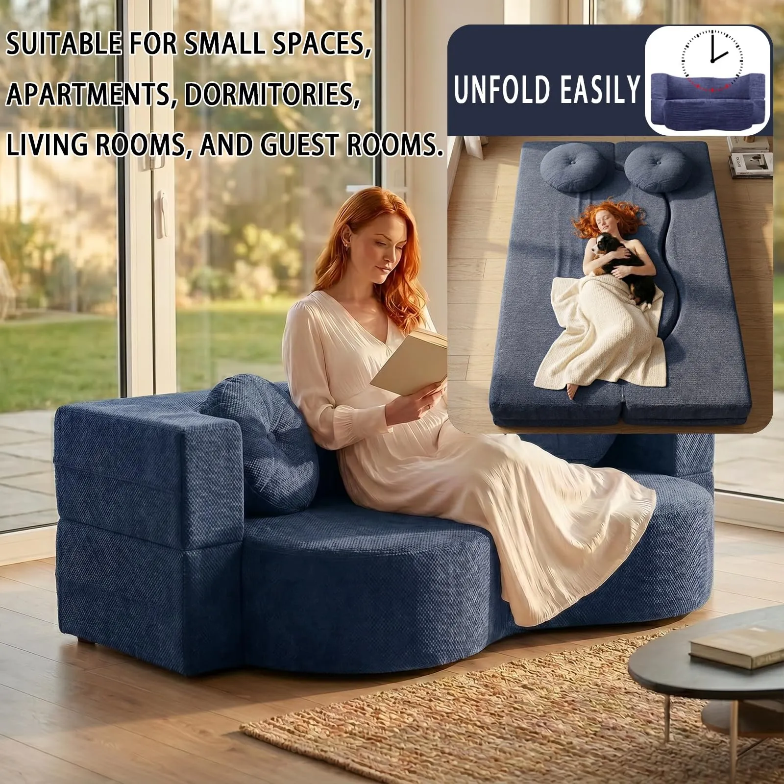 NOYHHAV Divano Letto Convertibile in Memory Foam, Fodera Sfoderabile e Lavabile, Blu, 200x100cm - immagine 4