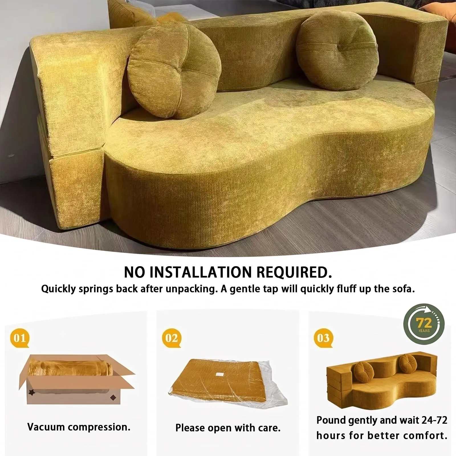 NOYHHAV Divano Letto Convertibile, Memory Foam, Fodera Sfoderabile e Lavabile, Giallo, 200x100CM - immagine 5