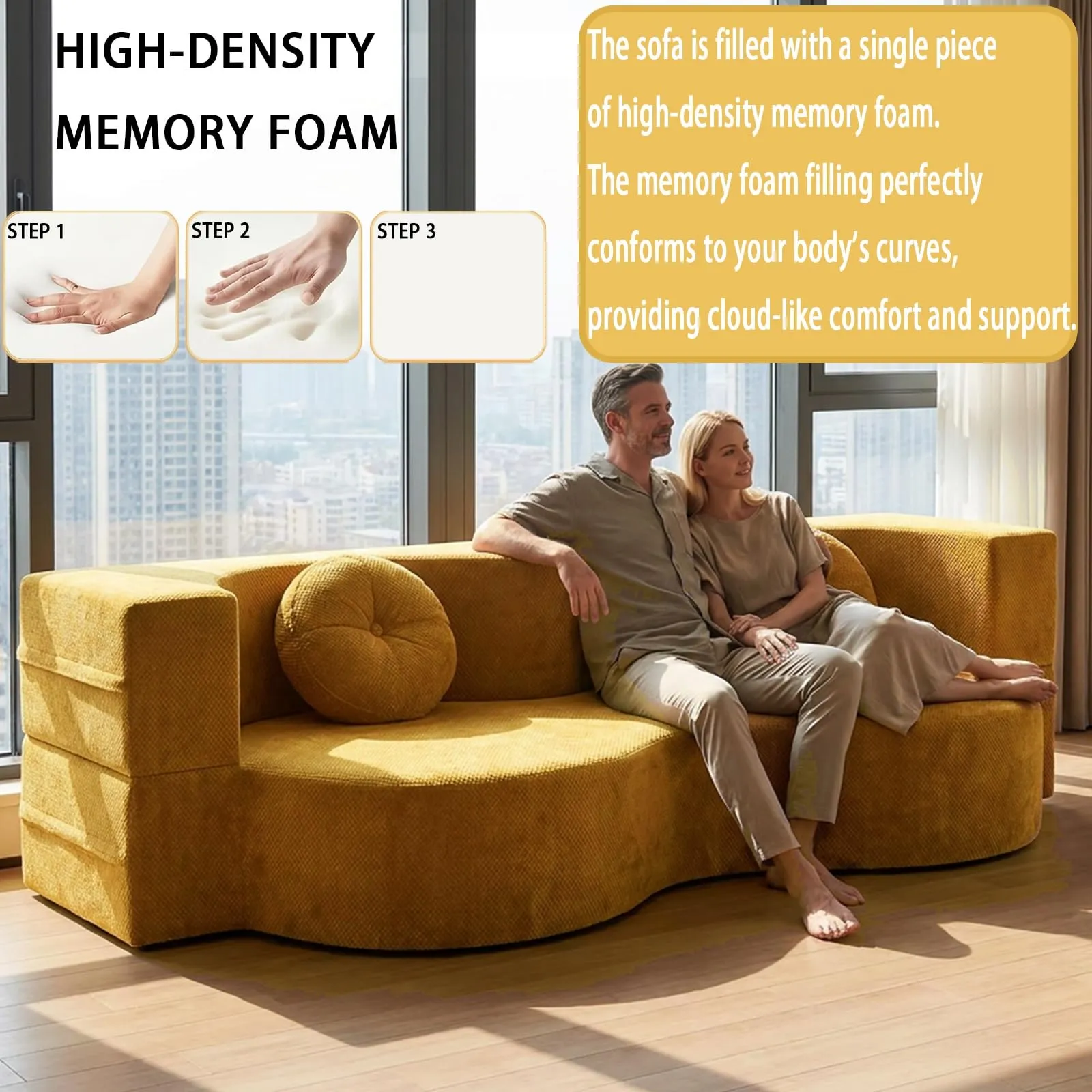 NOYHHAV Divano Letto Convertibile, Memory Foam, Fodera Sfoderabile e Lavabile, Giallo, 200x100CM - immagine 6
