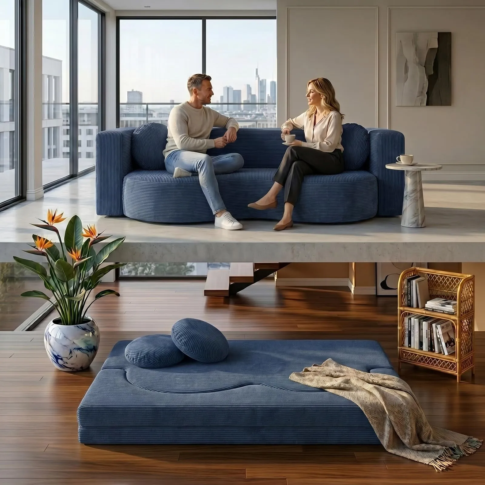 NOYHHAV Divano-Letto Convertibile in Memory Foam, Fodera Sfoderabile e Lavabile, Blu, 150x100CM - immagine 2