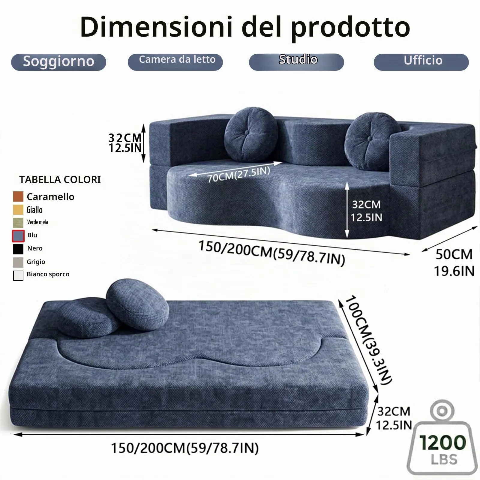 NOYHHAV Divano-Letto Convertibile in Memory Foam, Fodera Sfoderabile e Lavabile, Blu, 150x100CM - immagine 3
