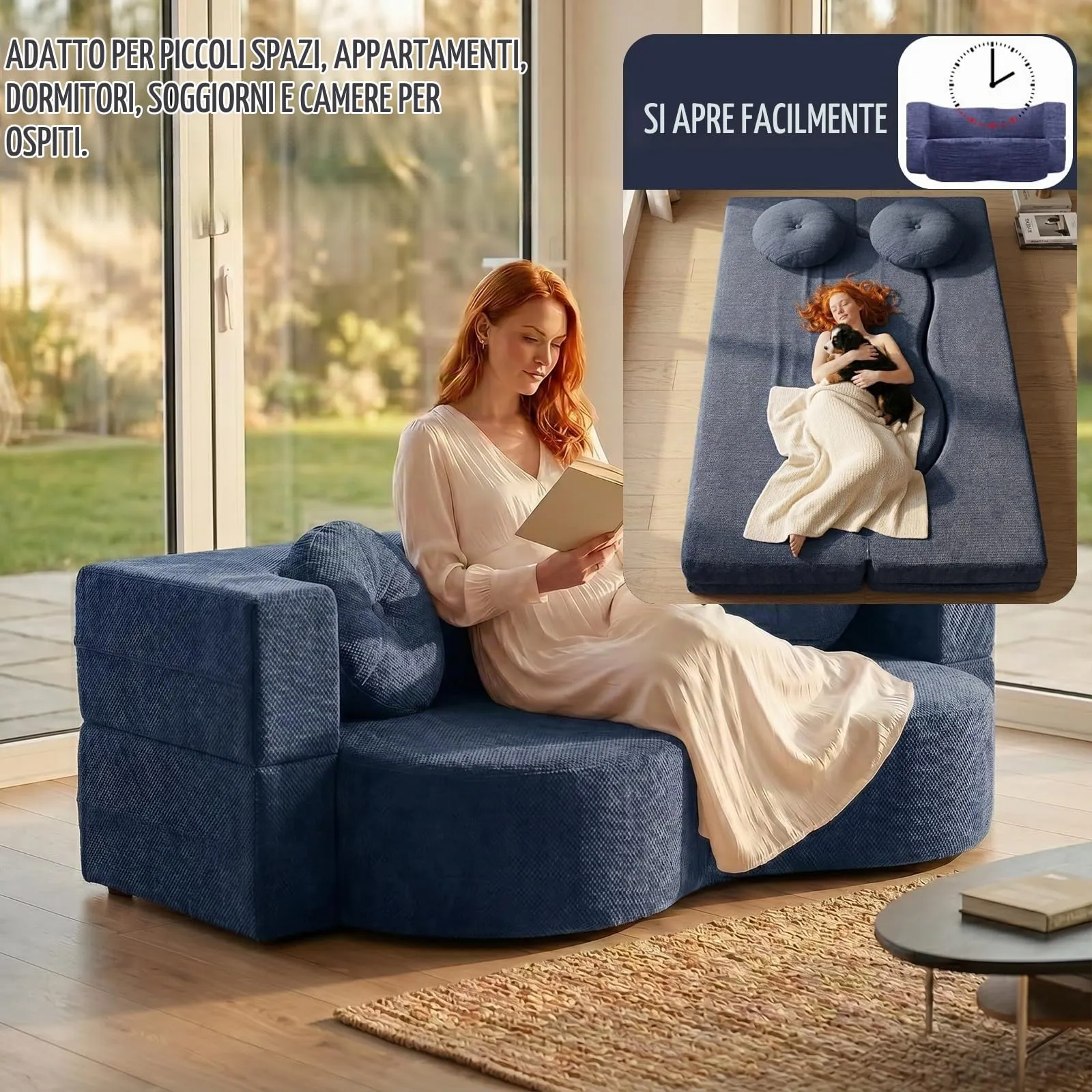 NOYHHAV Divano-Letto Convertibile in Memory Foam, Fodera Sfoderabile e Lavabile, Blu, 150x100CM - immagine 4