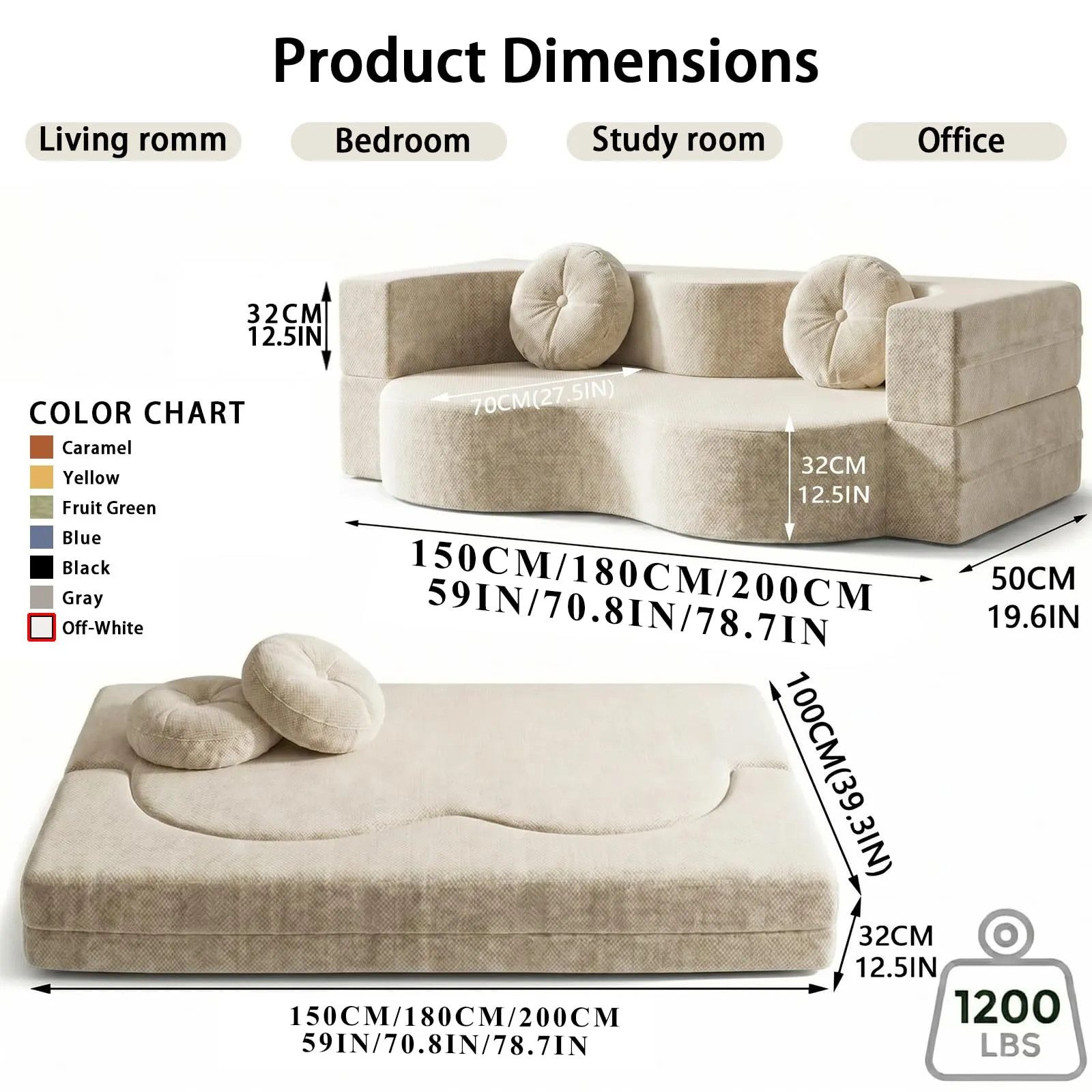 NOYHHAV Divano-Letto Convertibile in Memory Foam, Rivestimento Sfoderabile e Lavabile, Bianco, 200x100CM - immagine 3