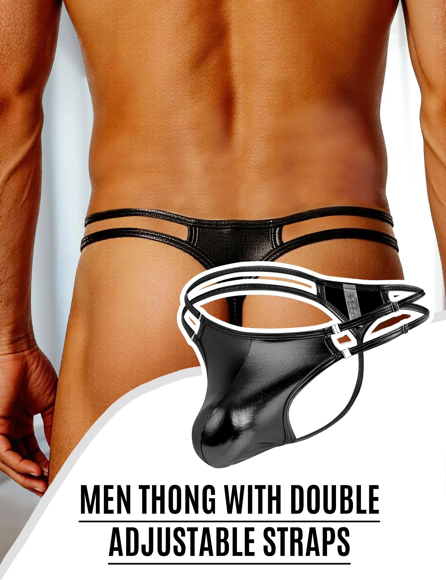 Ohmydear Slip da Uomo Sexy String Tanga in Similpelle, Nero, M - immagine 3