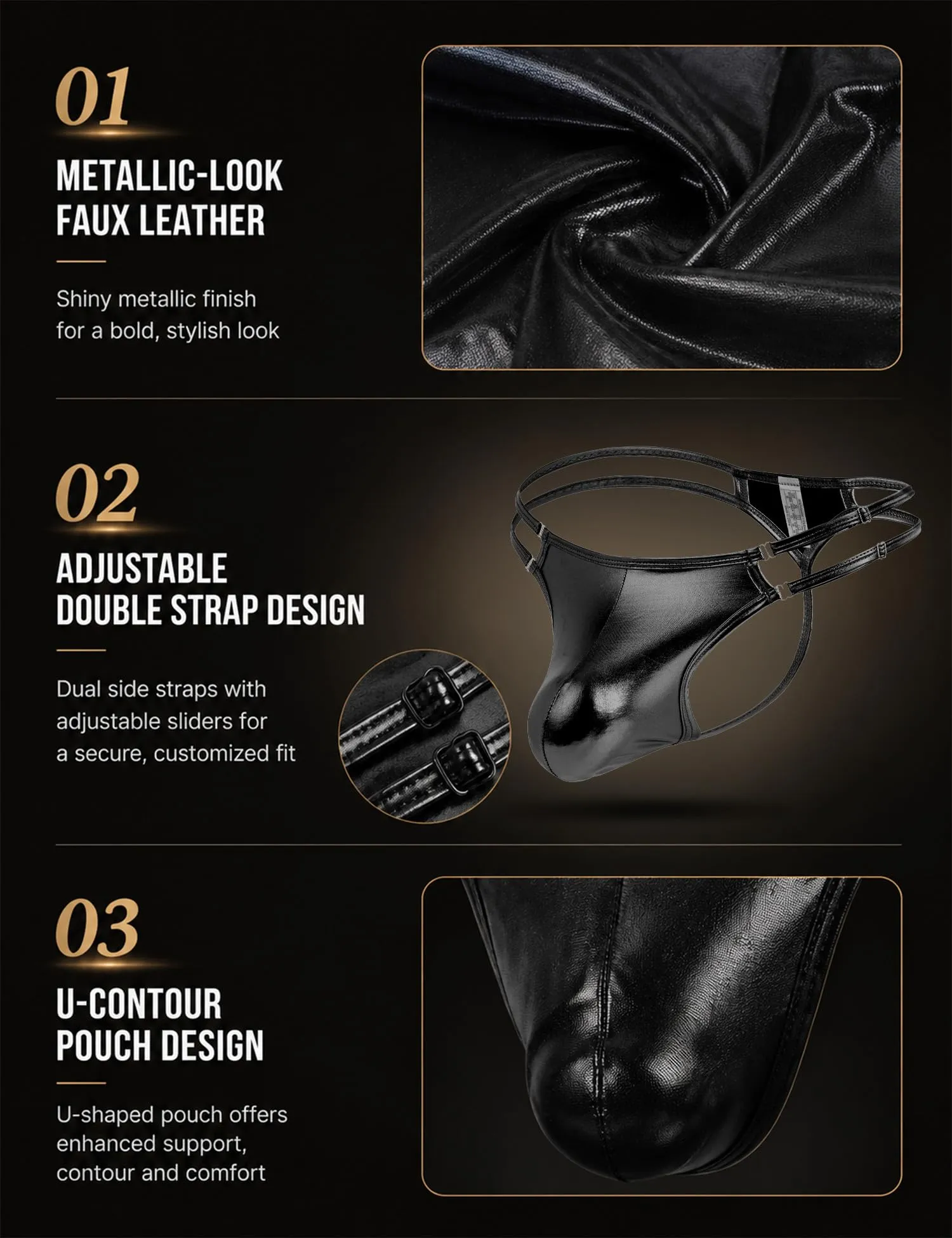 Ohmydear Slip da Uomo Sexy String Tanga in Similpelle, Nero, M - immagine 4