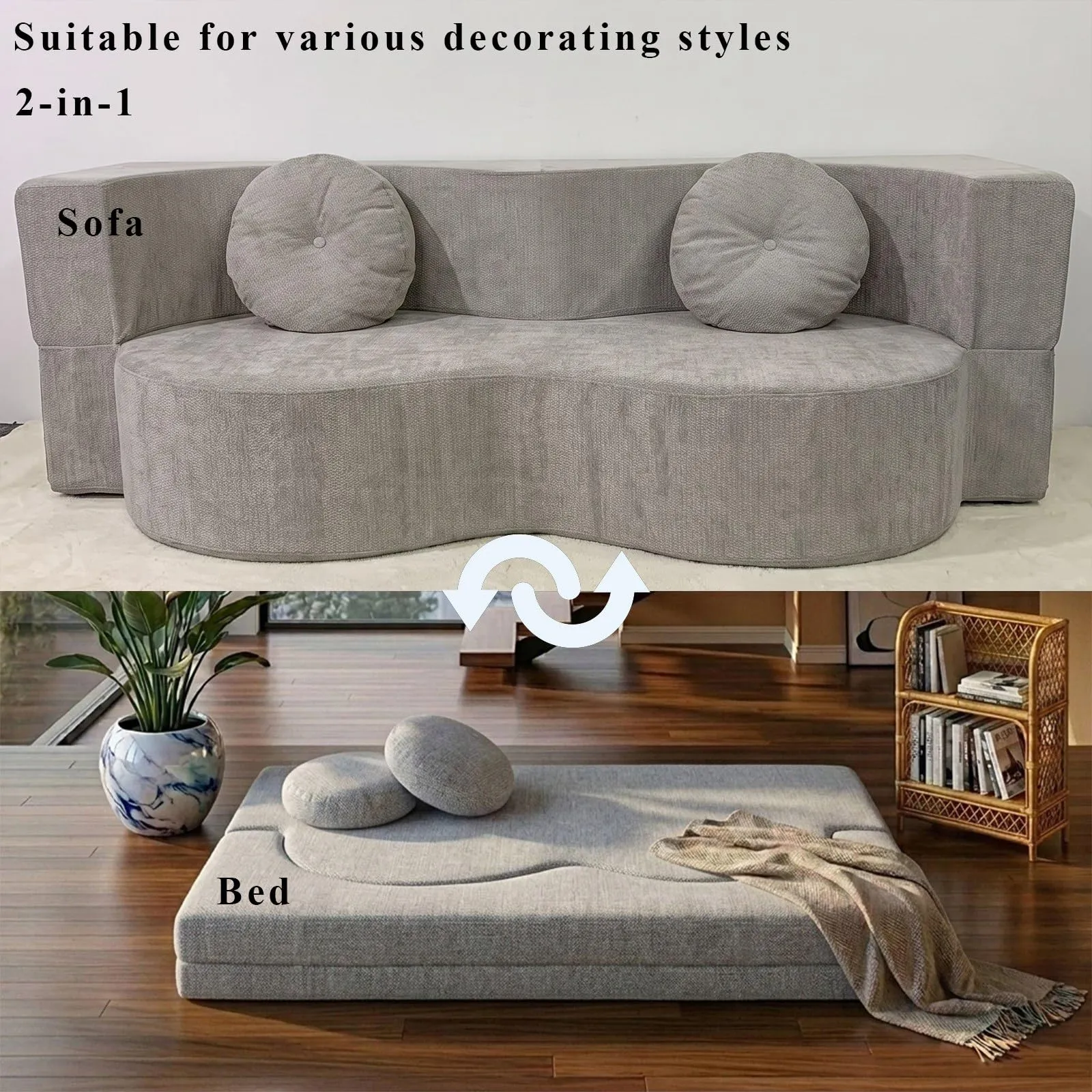 NOYHHAV Divano-Letto Convertibile Senza Osso, Fodera Sfoderabile e Lavabile, Grigio, 200x100CM - immagine 2