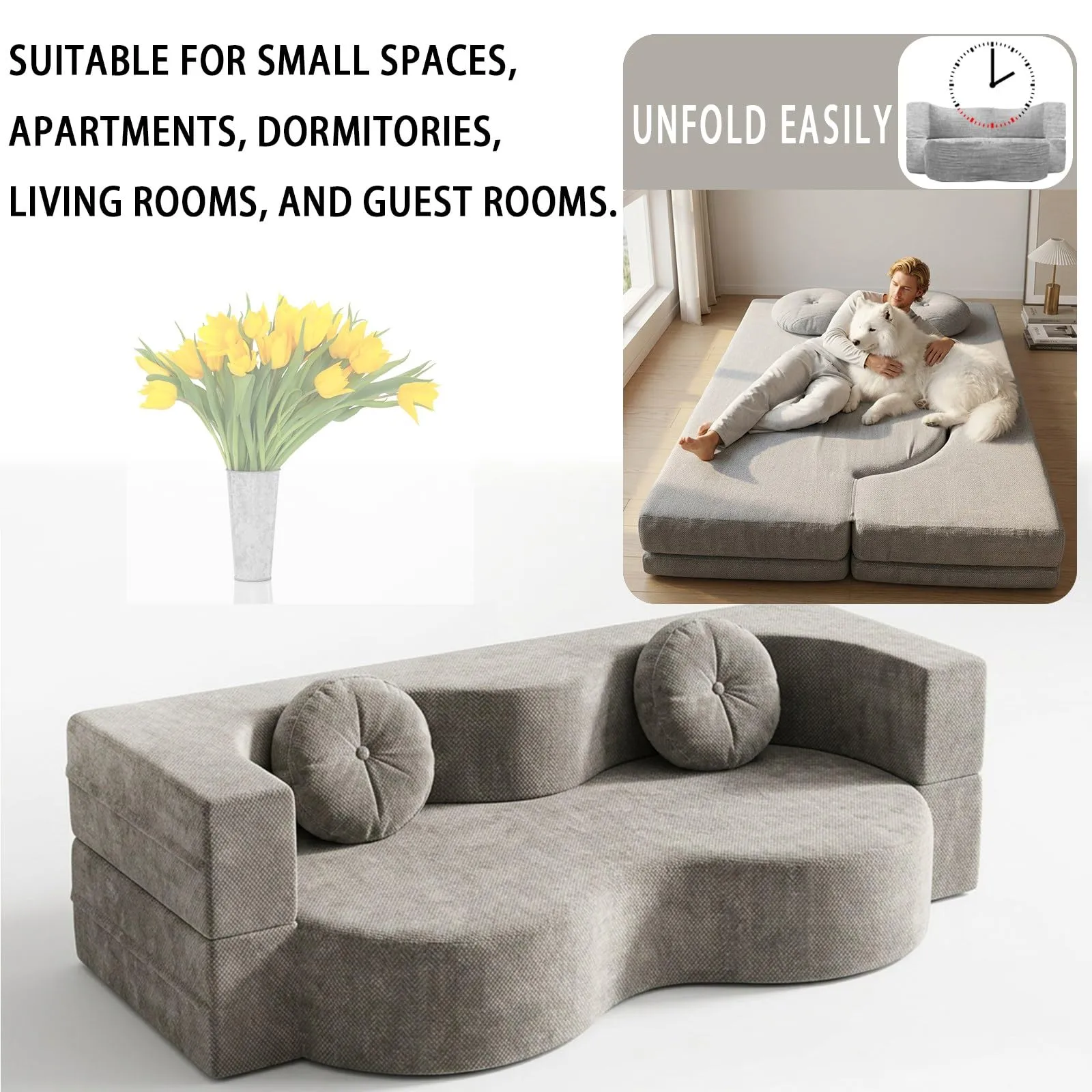 NOYHHAV Divano-Letto Convertibile Senza Osso, Fodera Sfoderabile e Lavabile, Grigio, 200x100CM - immagine 4