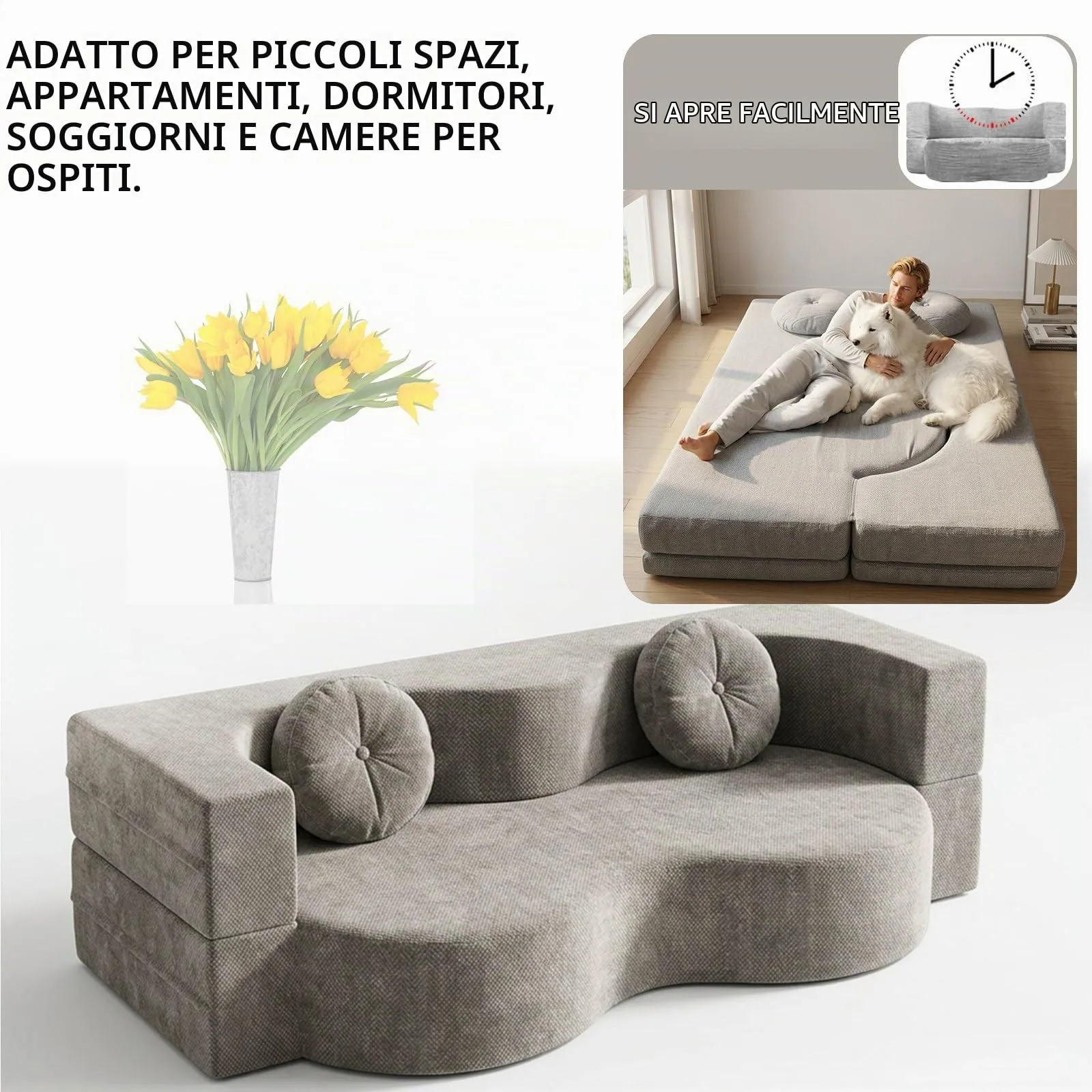 NOYHHAV Divano-Letto Convertibile, Fodera Sfoderabile e Lavabile, Grigio, 150x100cm - immagine 4