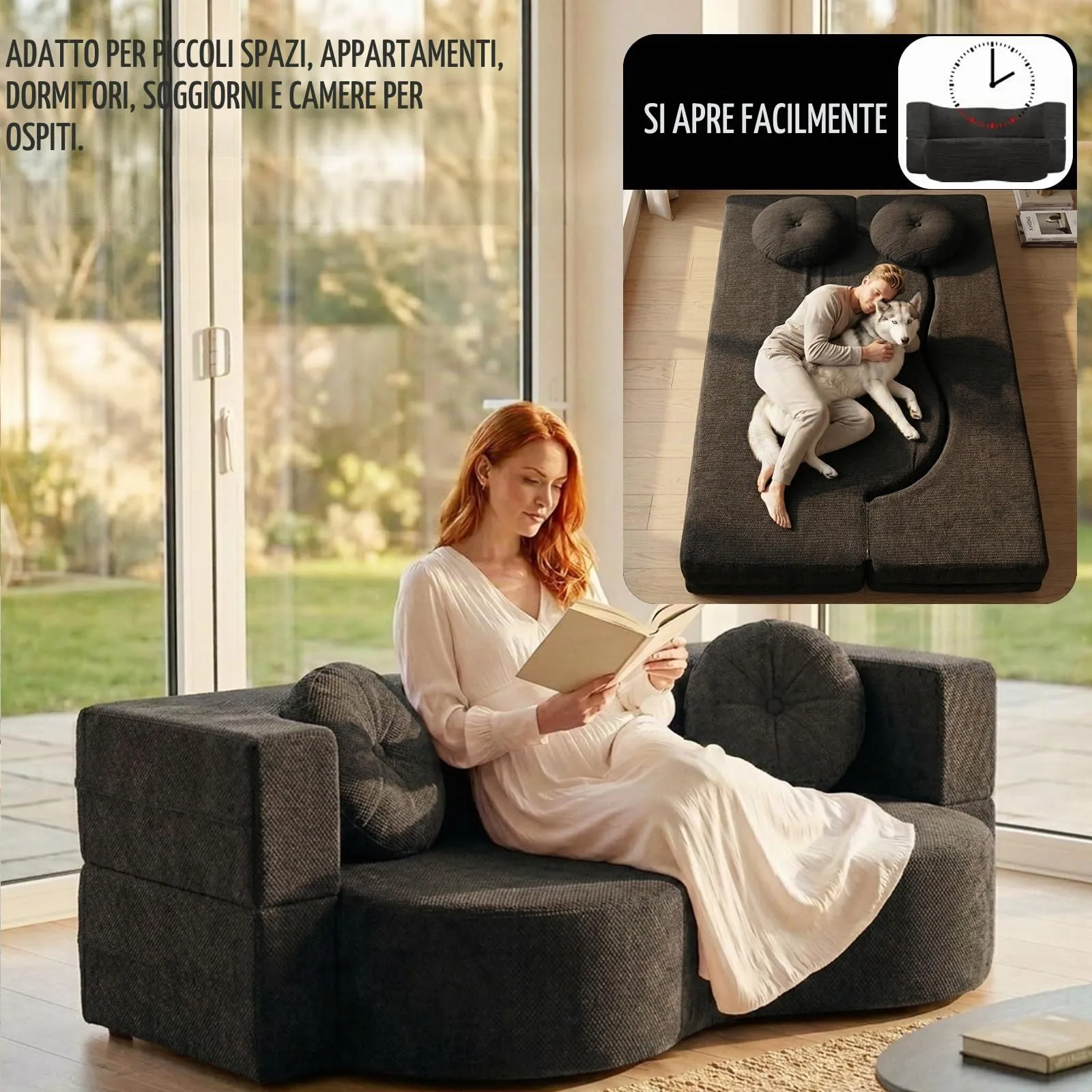 NOYHHAV Divano-Letto Convertibile Senza Osso, Fodera Sfoderabile e Lavabile, Nero, 150x100cm - immagine 4