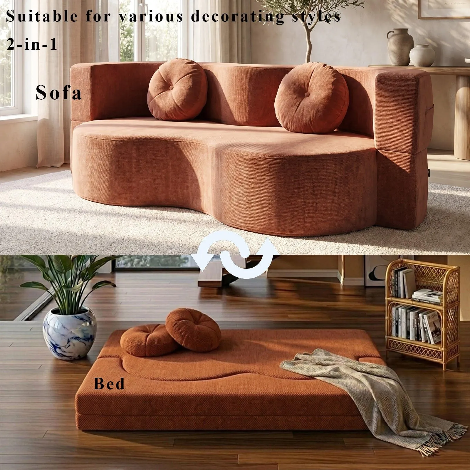 NOYHHAV Divano Letto Convertibile Senza Osso, Fodera Sfoderabile e Lavabile, Caramello, 200x100cm - immagine 2