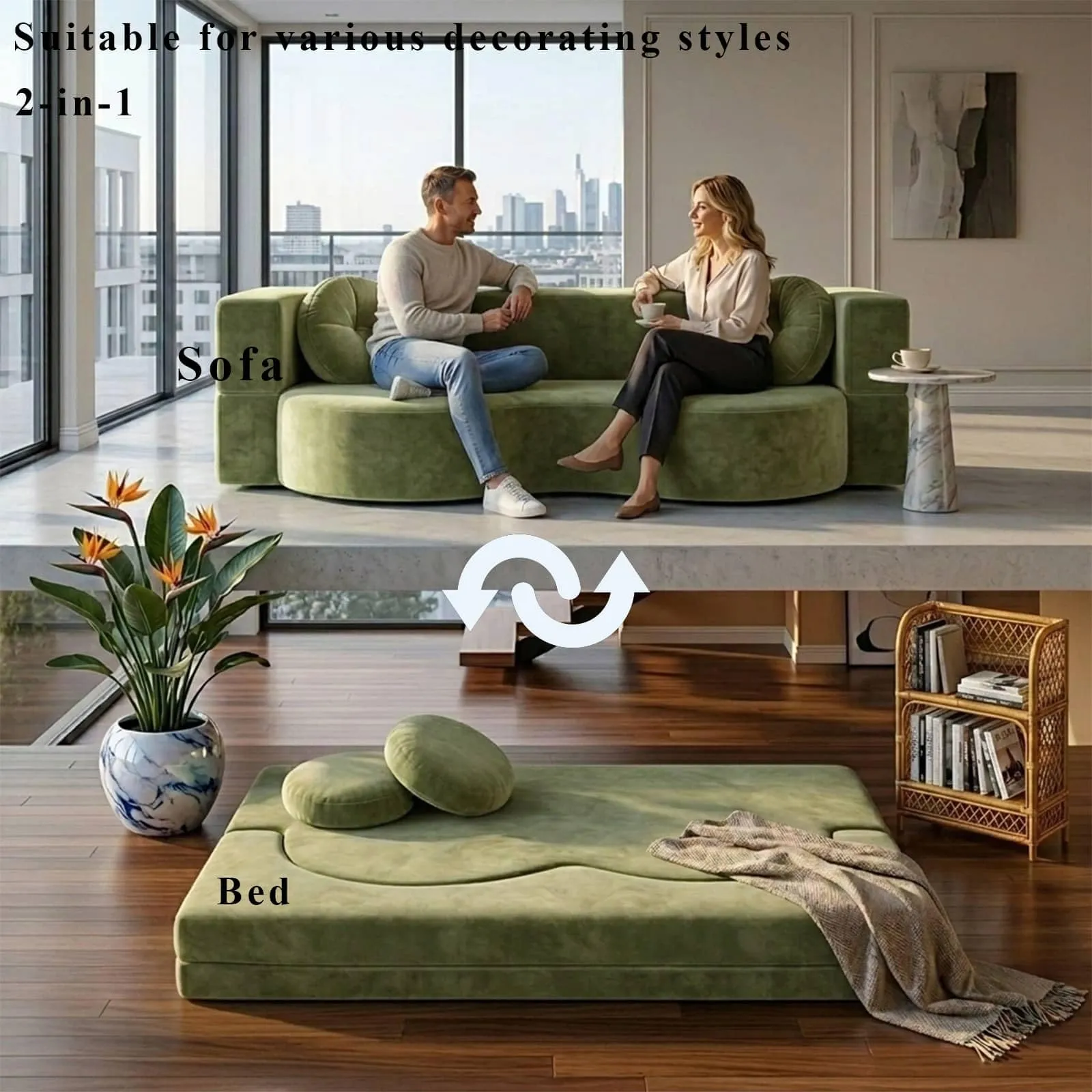 NOYHHAV Divano-Letto Convertibile Senza Osso, Fodera Sfoderabile e Lavabile, Verde, 200x100CM - immagine 2