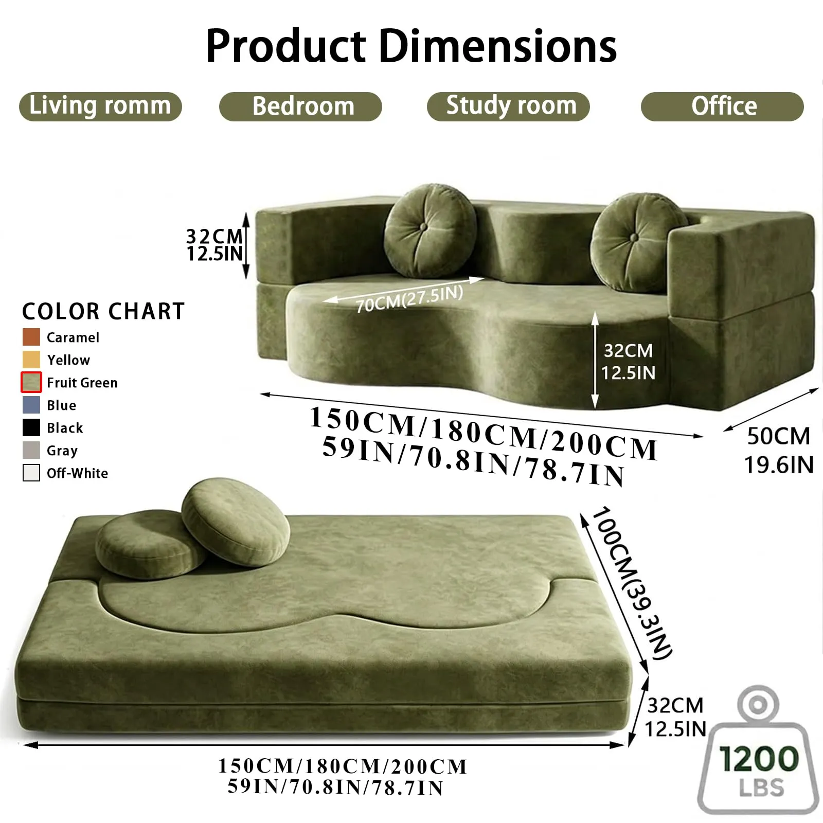 NOYHHAV Divano-Letto Convertibile Senza Osso, Fodera Sfoderabile e Lavabile, Verde, 200x100CM - immagine 3
