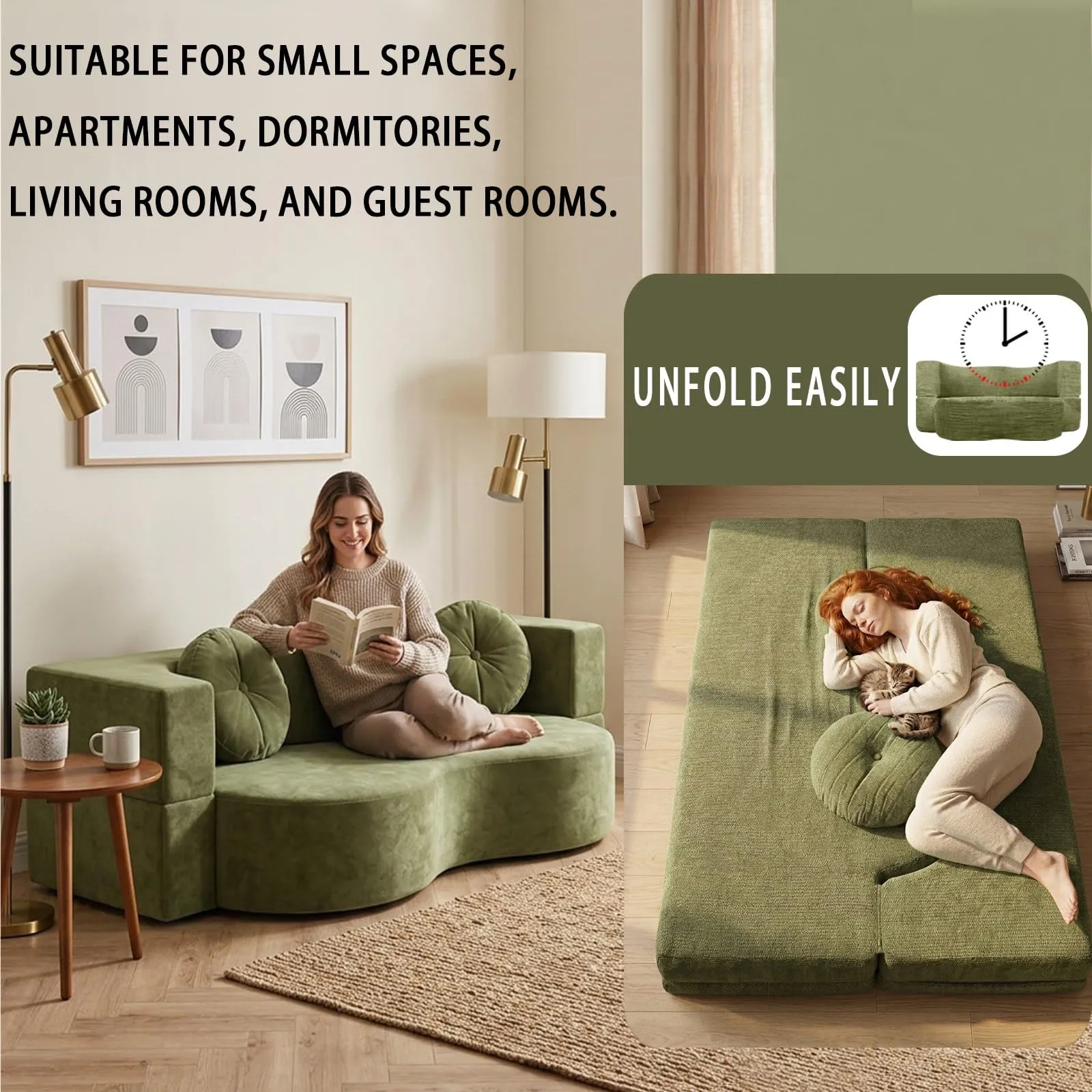 NOYHHAV Divano-Letto Convertibile Senza Osso, Fodera Sfoderabile e Lavabile, Verde, 200x100CM - immagine 4