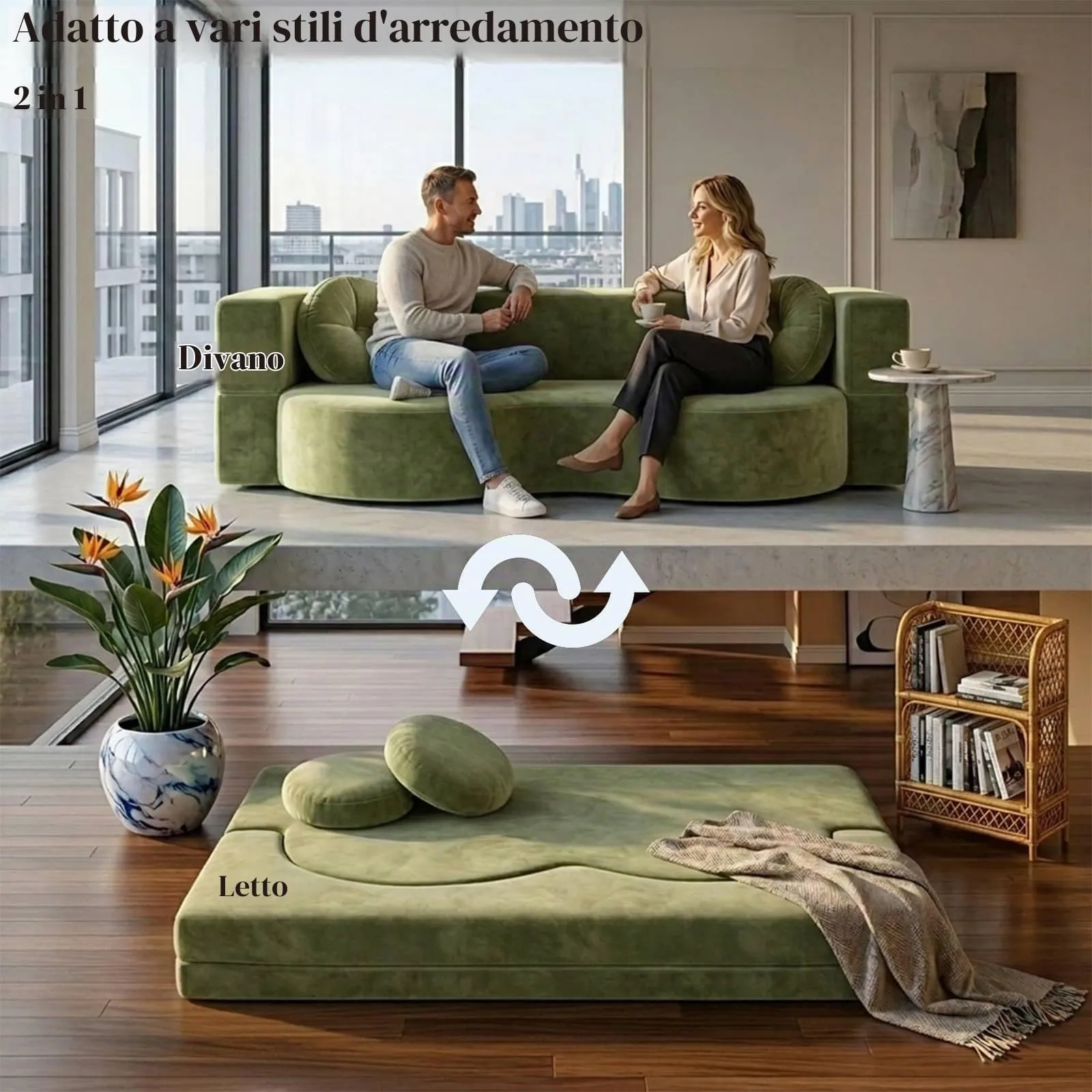 NOYHHAV Divano-Letto Convertibile Senza Osso, Fodera Sfoderabile e Lavabile, Verde, 150x100CM - immagine 2