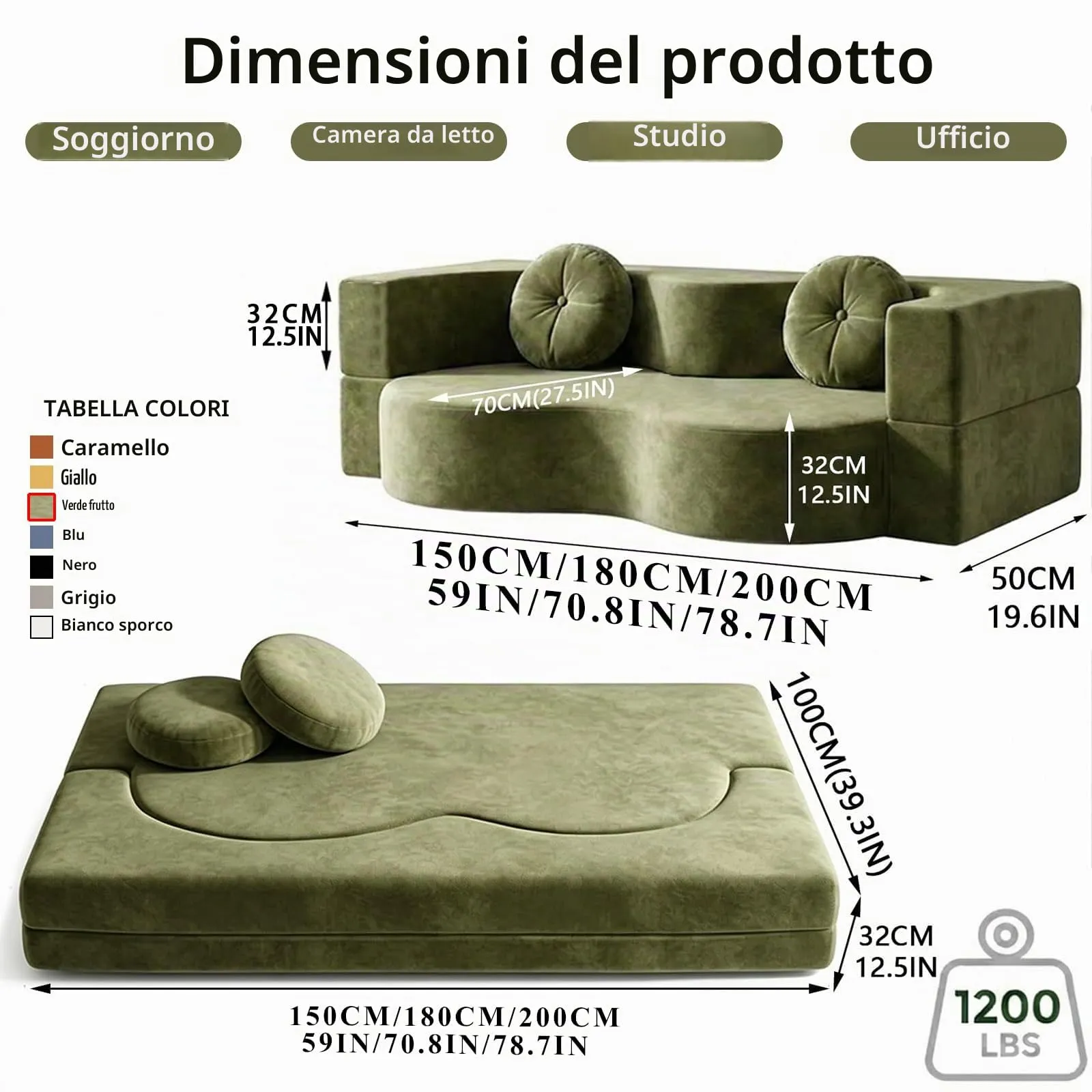 NOYHHAV Divano-Letto Convertibile Senza Osso, Fodera Sfoderabile e Lavabile, Verde, 150x100CM - immagine 3
