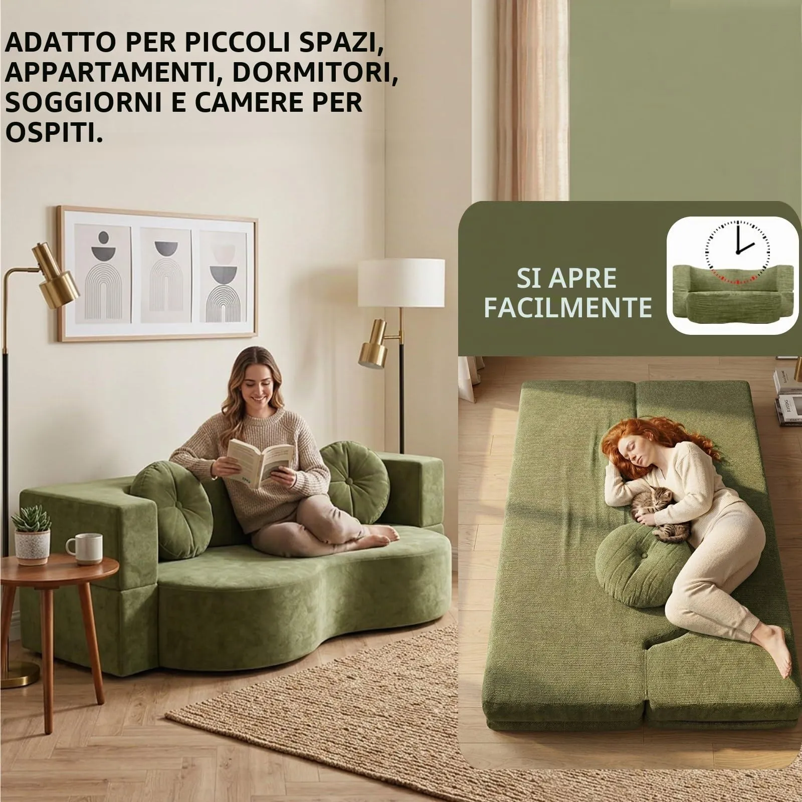 NOYHHAV Divano-Letto Convertibile Senza Osso, Fodera Sfoderabile e Lavabile, Verde, 150x100CM - immagine 4