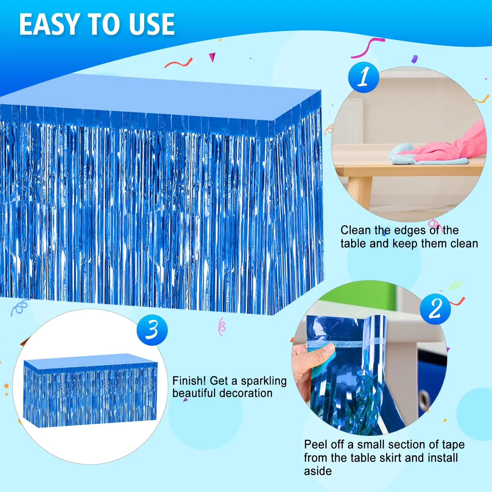 Bouiexye Gonne da Tavolo con Frange in Lamina Blu, 6 Pezzi, 75 x 274 cm - immagine 4