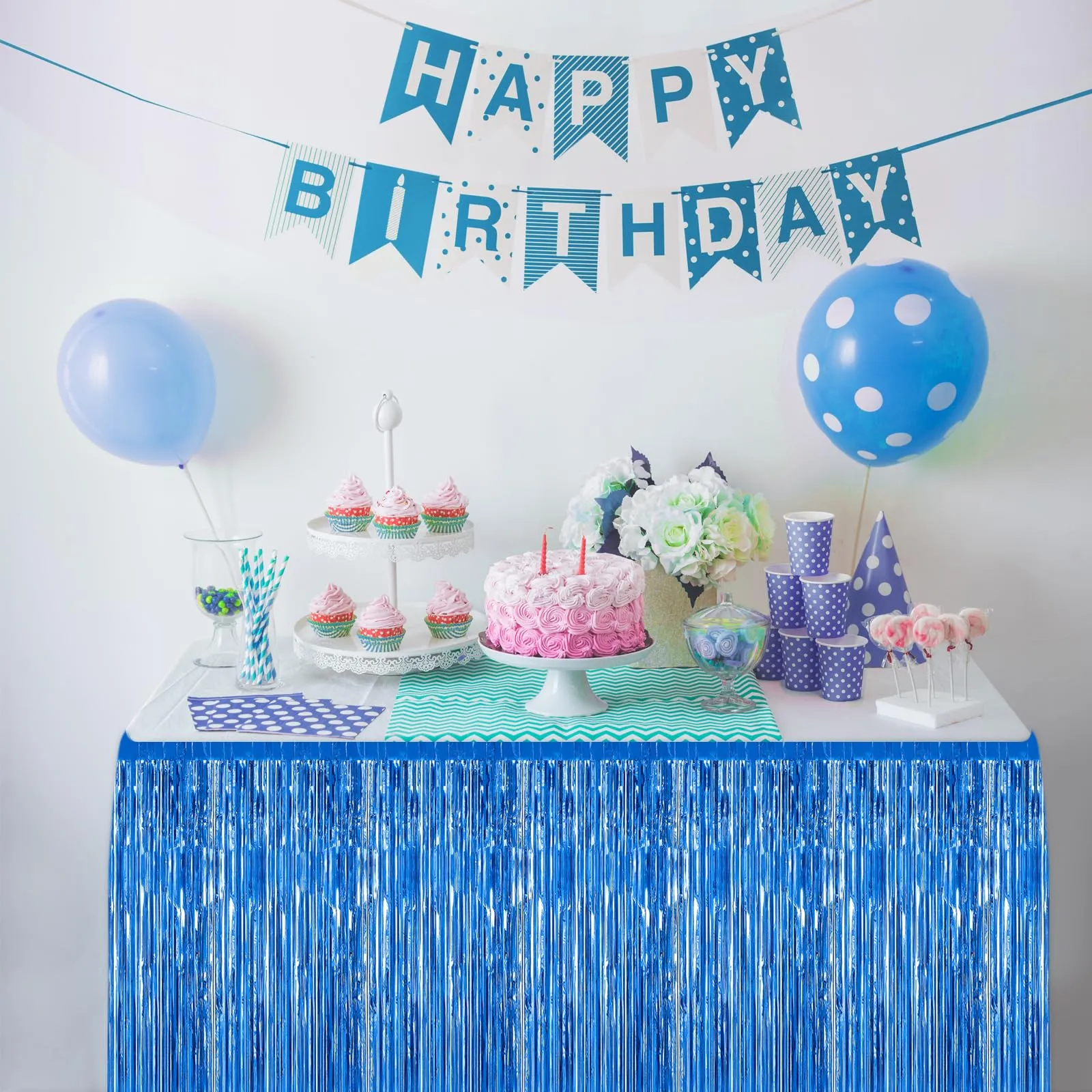 Bouiexye Gonne da Tavolo con Frange in Lamina Blu, 6 Pezzi, 75 x 274 cm - immagine 5