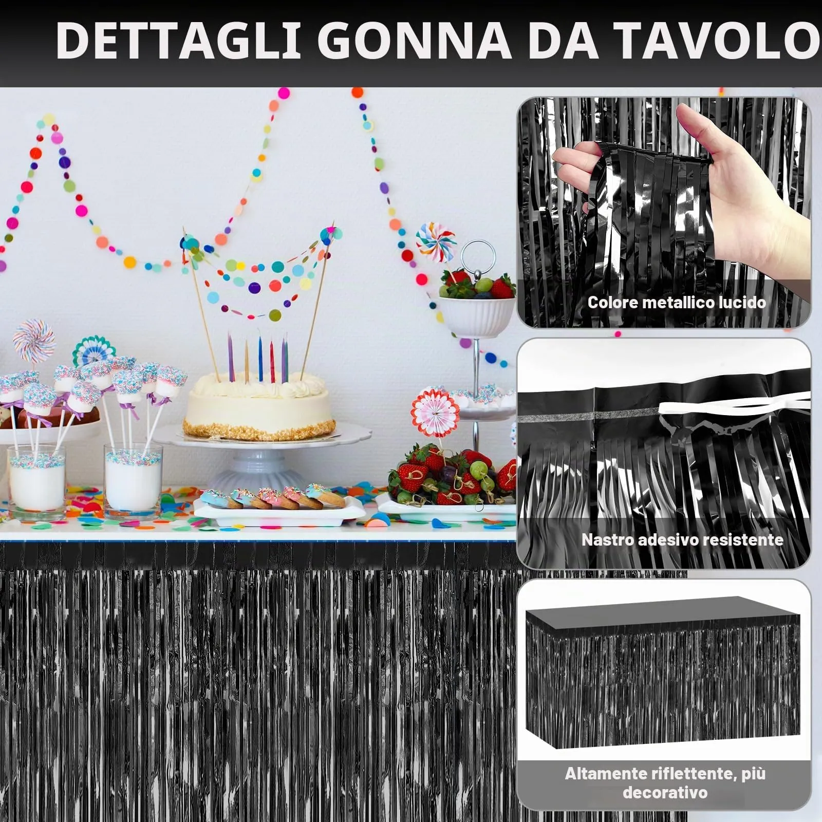 Bouiexye Gonne da tavolo con frange in lamina nera, 75 x 274 cm, confezione da 2 pezzi - immagine 3