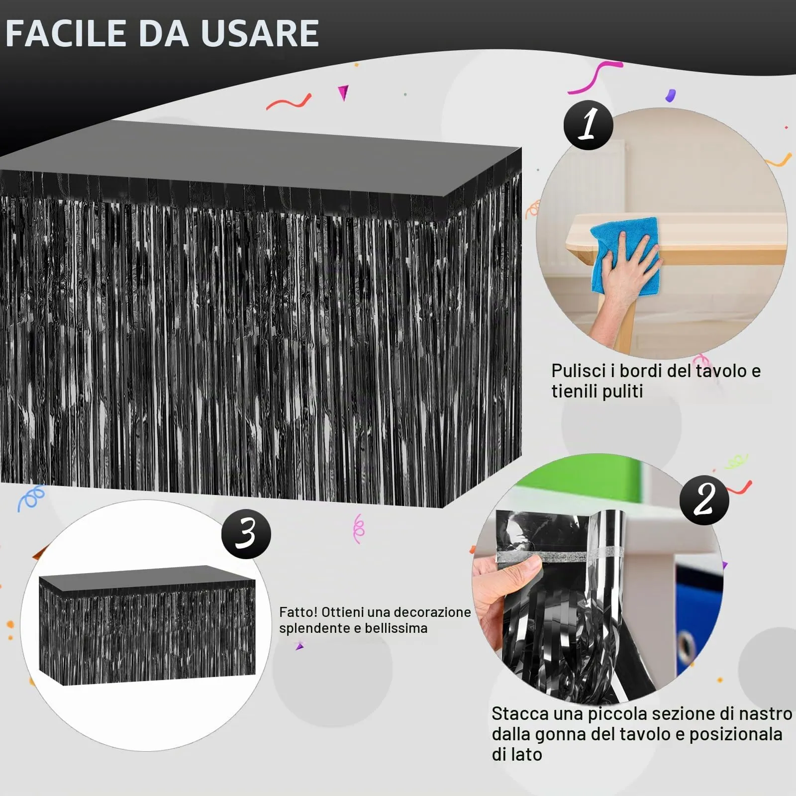 Bouiexye Gonne da tavolo con frange in lamina nera, 75 x 274 cm, confezione da 2 pezzi - immagine 4