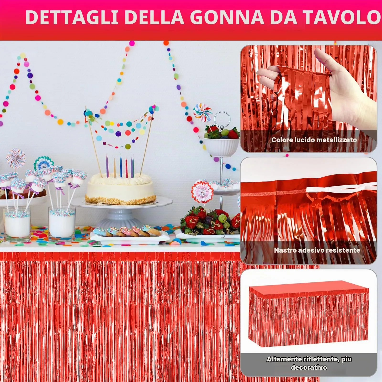 Bouiexye Gonne da Tavolo con Frange in Lamina Rossa, 75 x 274 cm, Confezione da 2 - immagine 3