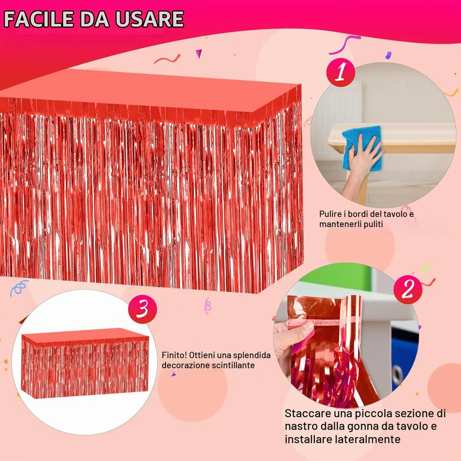 Bouiexye Gonne da Tavolo con Frange in Lamina Rossa, 75 x 274 cm, Confezione da 2 - immagine 4