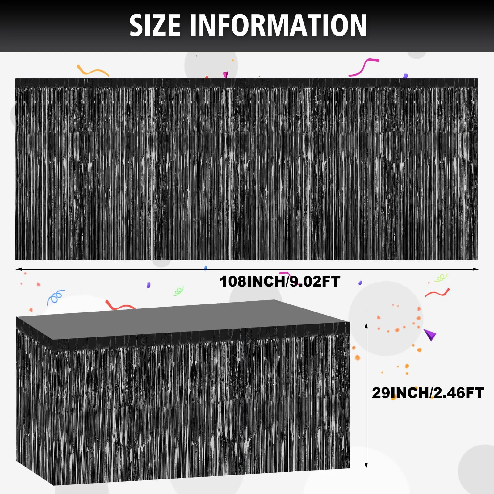 Bouiexye Gonne da tavolo con frange in lamina nera, 75 x 274 cm, confezione da 6 - immagine 2