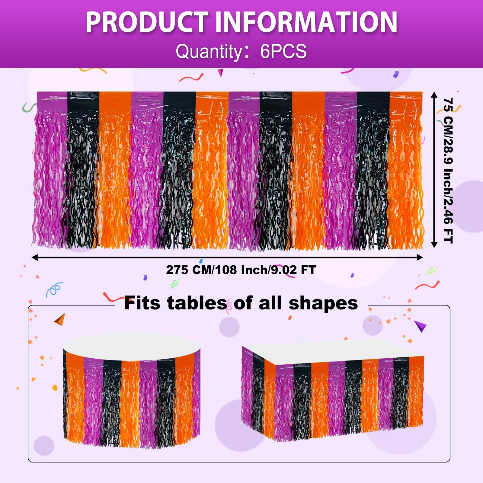 Bouiexye Gonne da tavolo con frange in alluminio, 6 pezzi, 75 x 274 cm, nero, arancione, viola - immagine 2