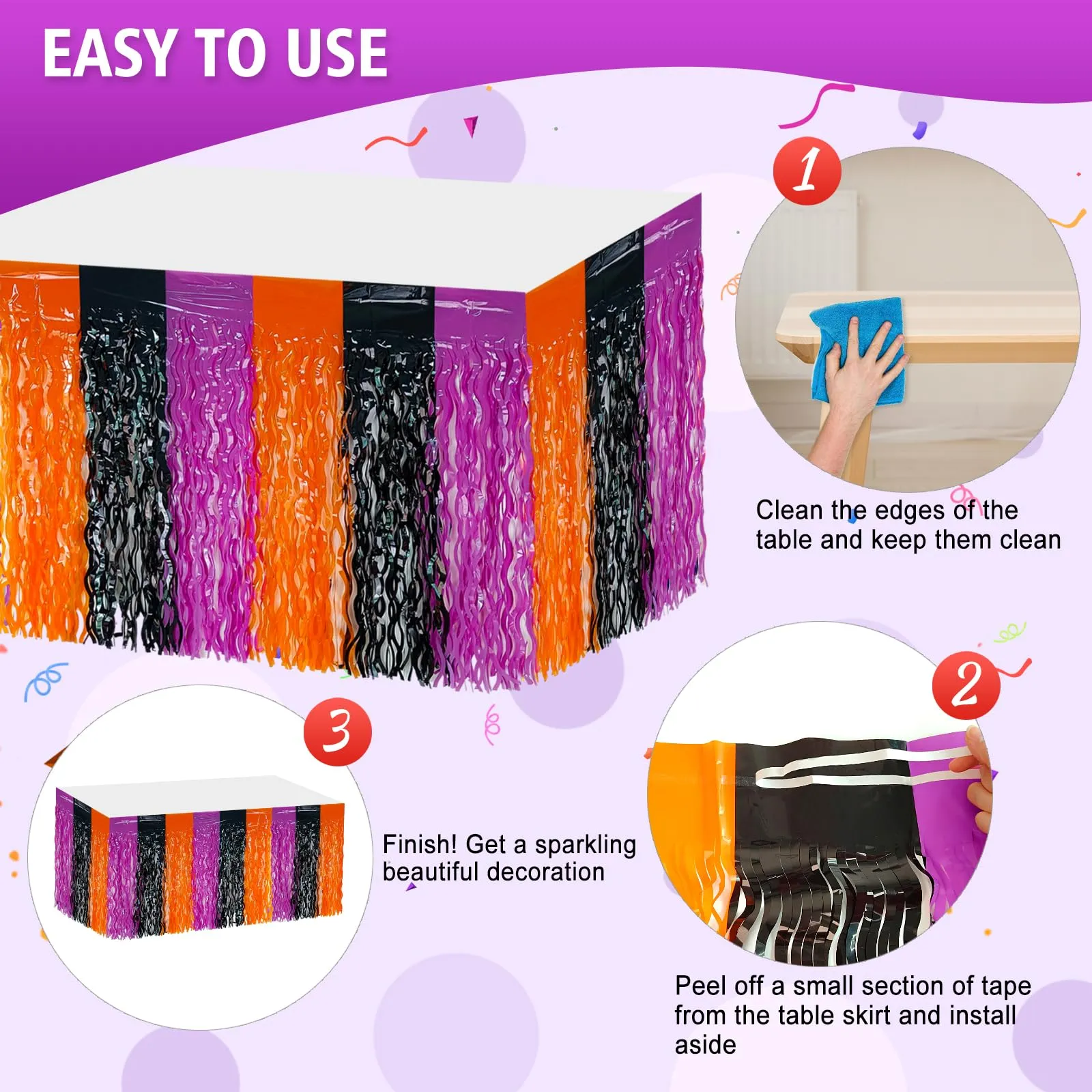 Bouiexye Gonne da tavolo con frange in alluminio, 6 pezzi, 75 x 274 cm, nero, arancione, viola - immagine 4
