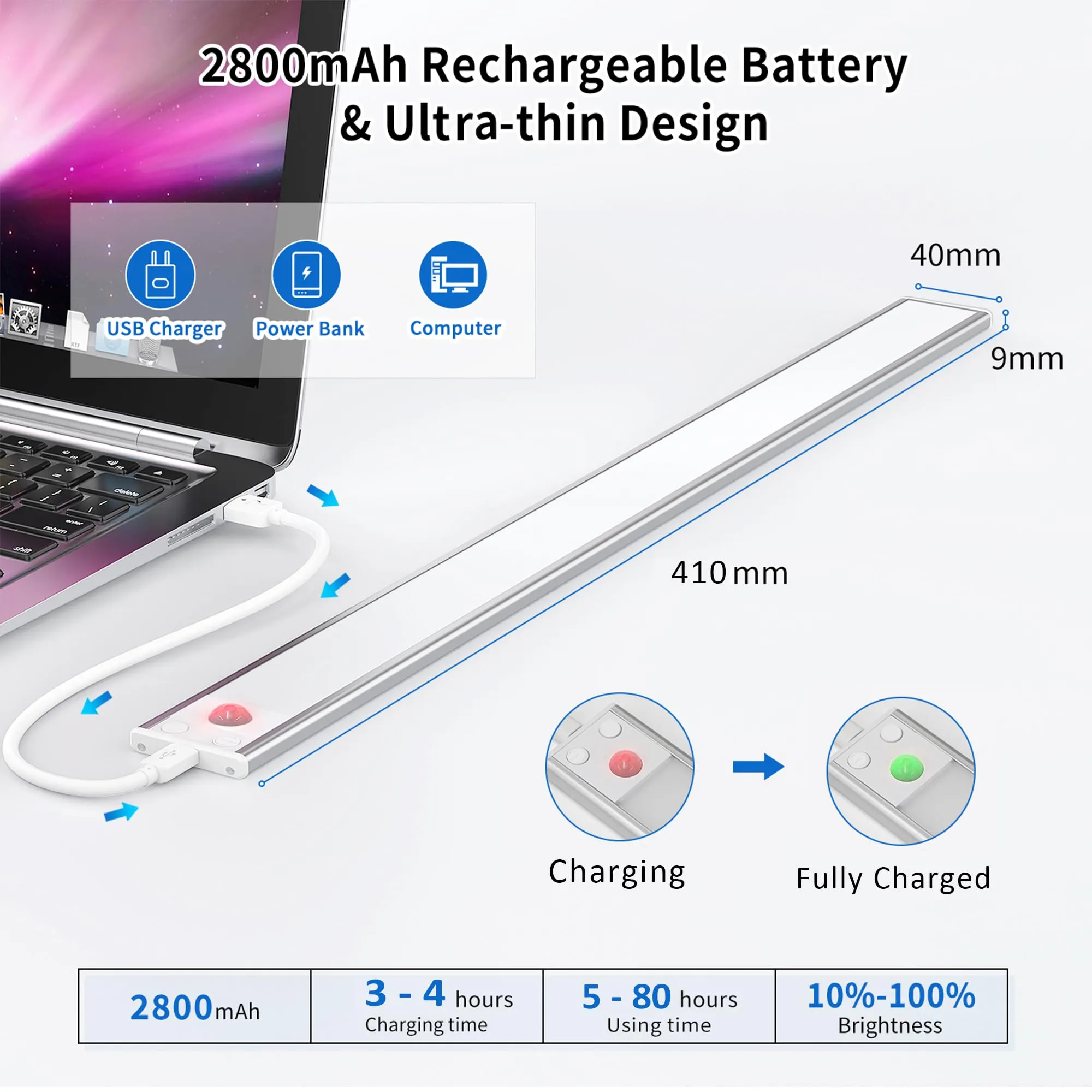 OUILA Luce Armadio LED con Sensore di Movimento, 41cm, Ricaricabile USB, 6500K, GLS-C018 - immagine 4