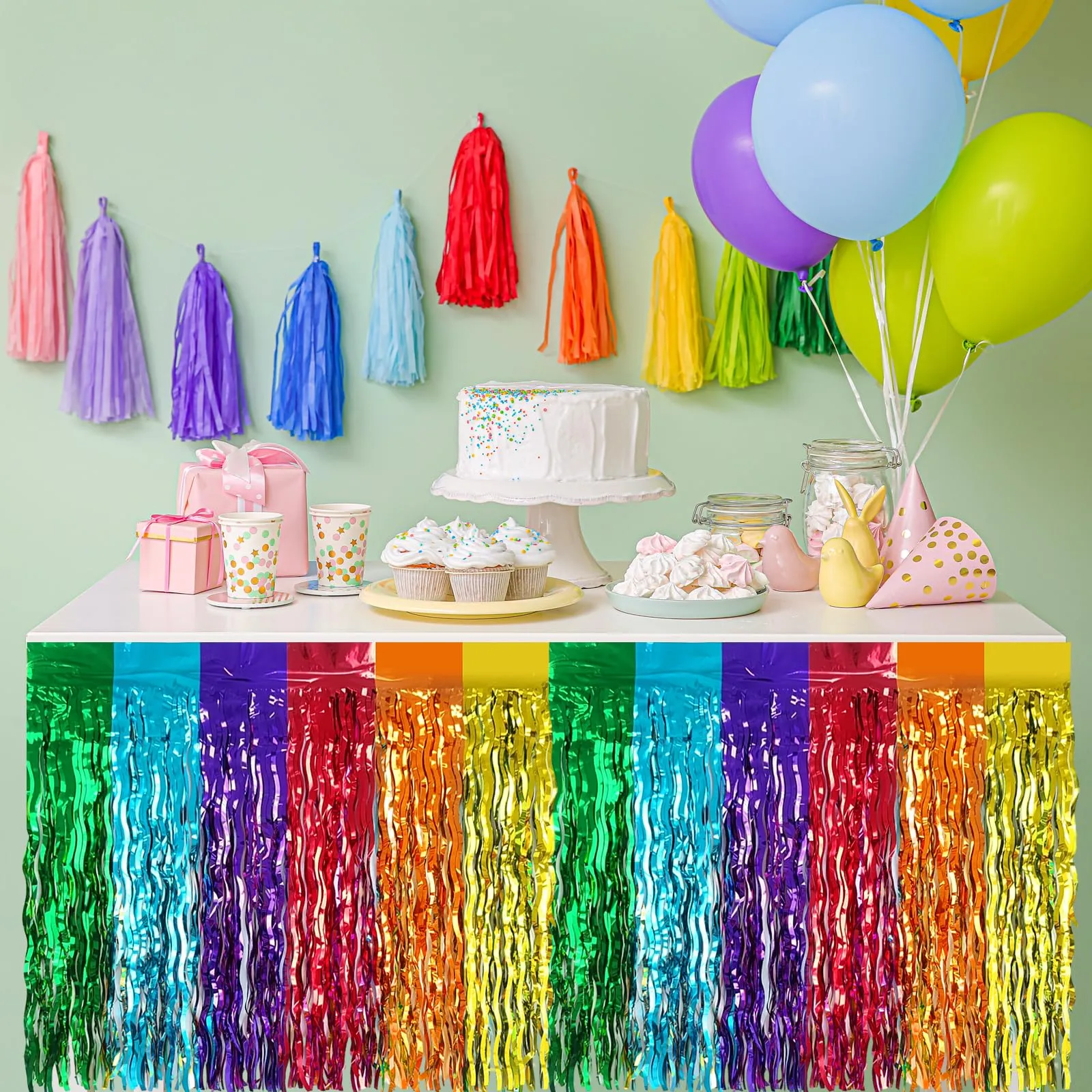 Bouiexye Gonne da Tavolo con Frange in Lamina, 2 Pezzi, 75 x 274 cm, Arcobaleno - immagine 1