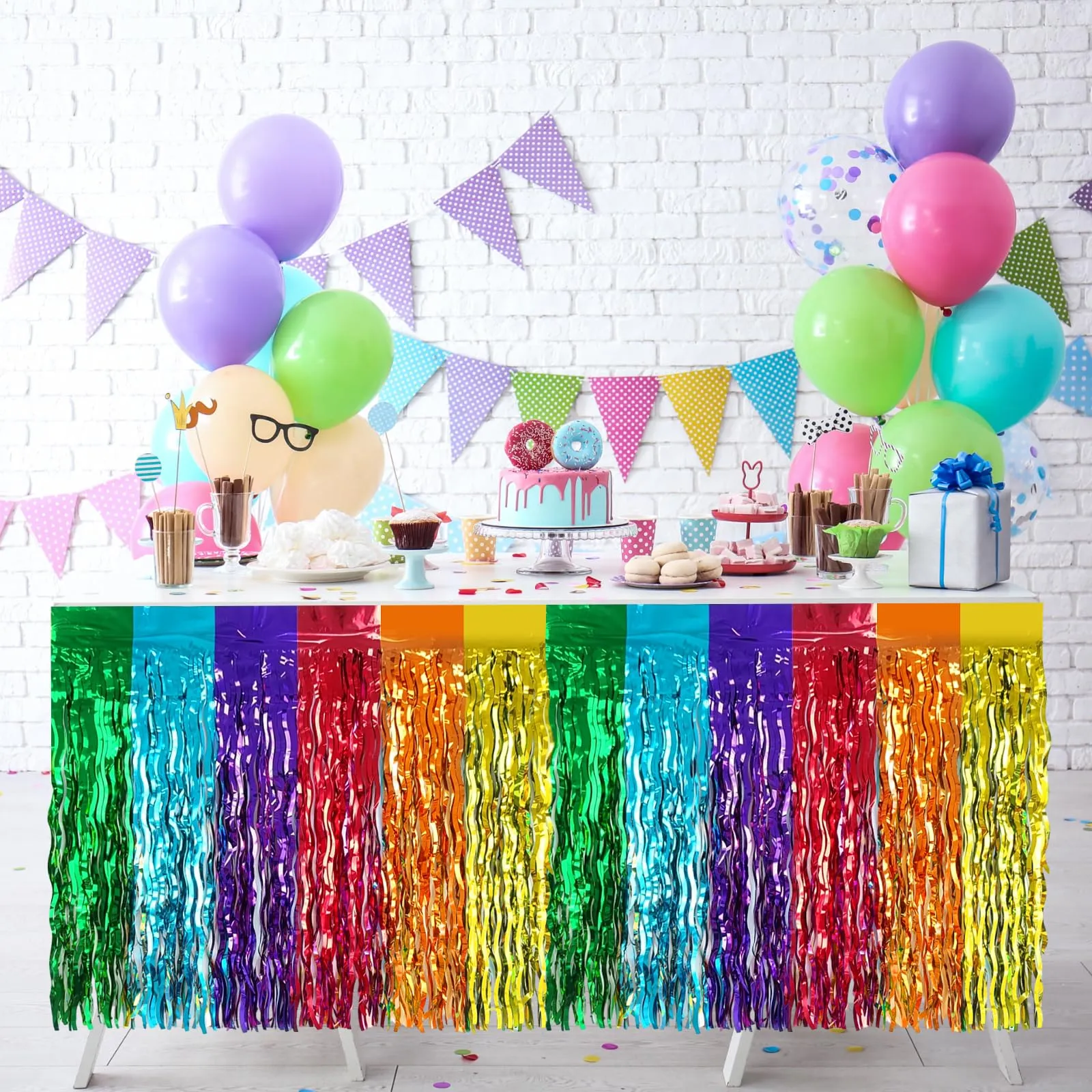 Bouiexye Gonne da Tavolo con Frange in Lamina, 2 Pezzi, 75 x 274 cm, Arcobaleno - immagine 5