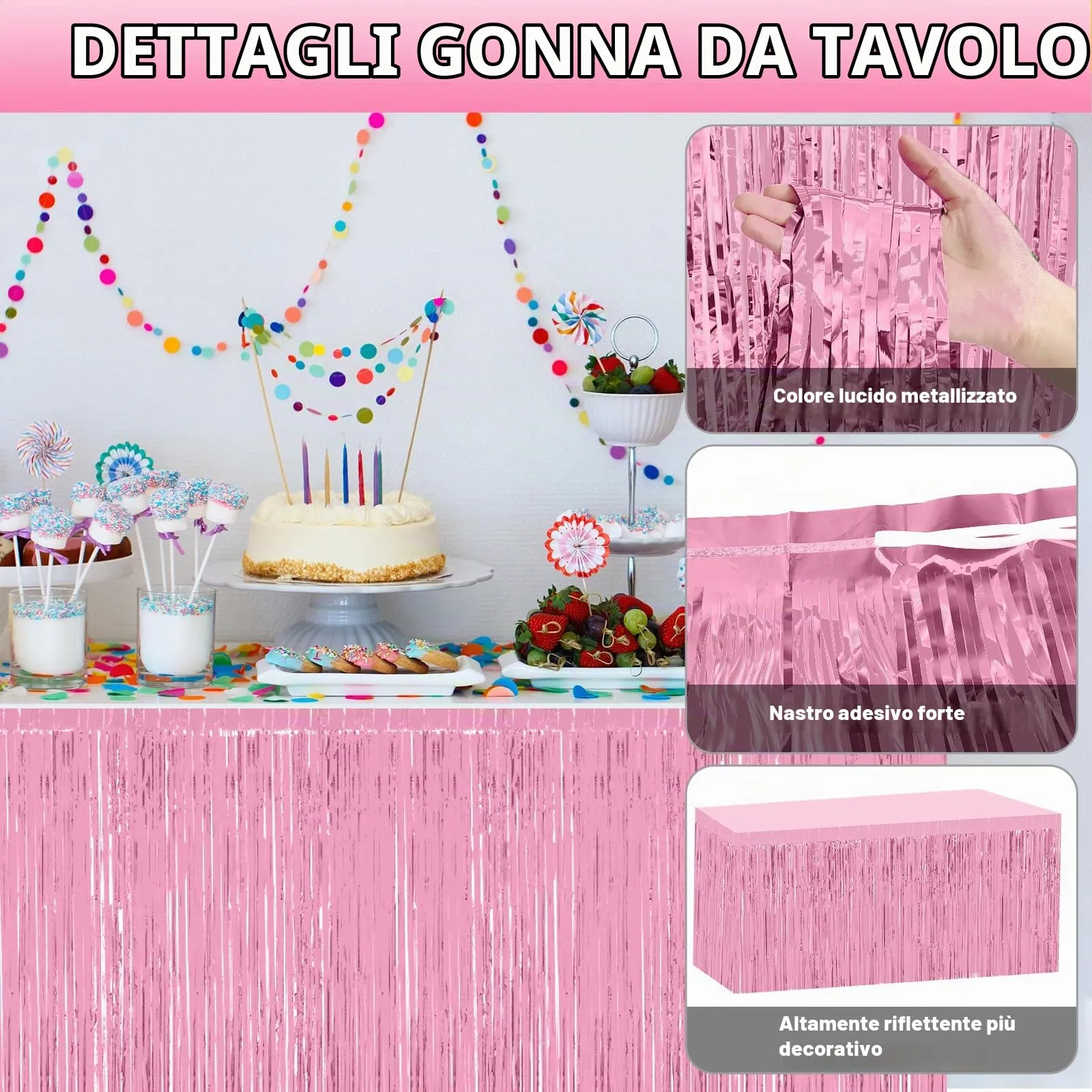 Bouiexye Gonne da Tavolo Usa e Getta con Frange in Lamina Rosa, 75 x 274 cm, Set da 2 - immagine 3