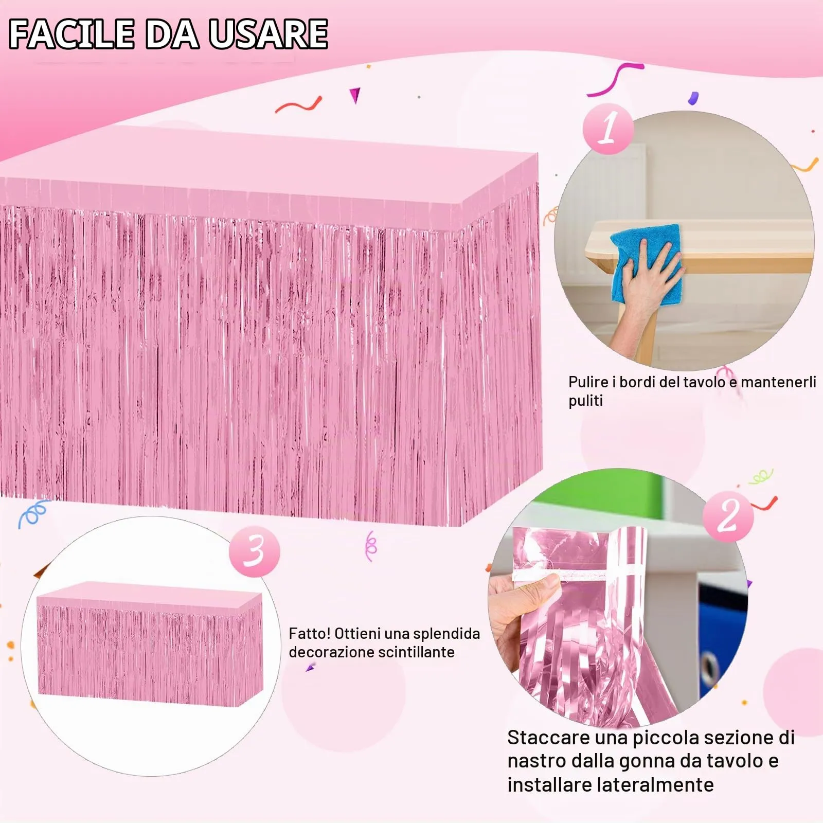 Bouiexye Gonne da Tavolo Usa e Getta con Frange in Lamina Rosa, 75 x 274 cm, Set da 2 - immagine 4
