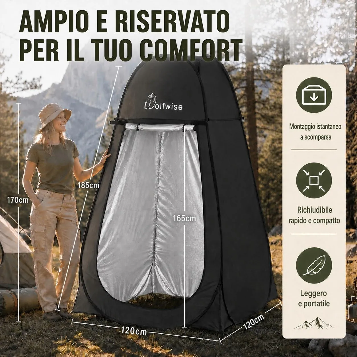 Wolfwise Tenda Doccia Campeggio Pop-Up, Spogliatoio Portatile e Pieghevole, 120x120x210 cm, Nero - immagine 2