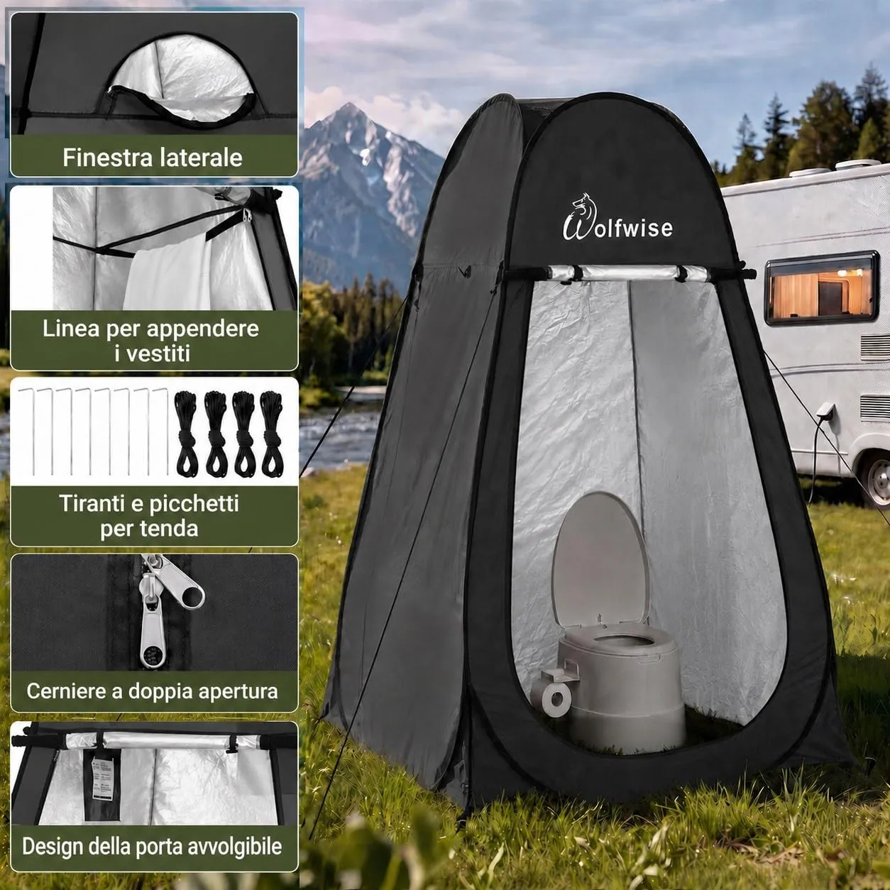 Wolfwise Tenda Doccia Campeggio Pop-Up, Spogliatoio Portatile e Pieghevole, 120x120x210 cm, Nero - immagine 3