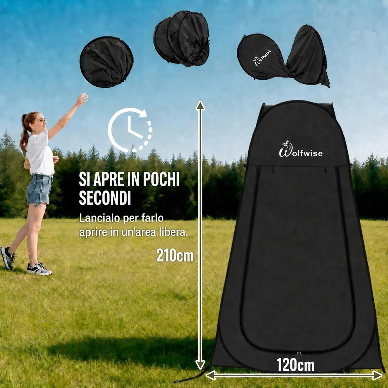 Wolfwise Tenda Doccia Campeggio Pop-Up, Spogliatoio Portatile e Pieghevole, 120x120x210 cm, Nero - immagine 10