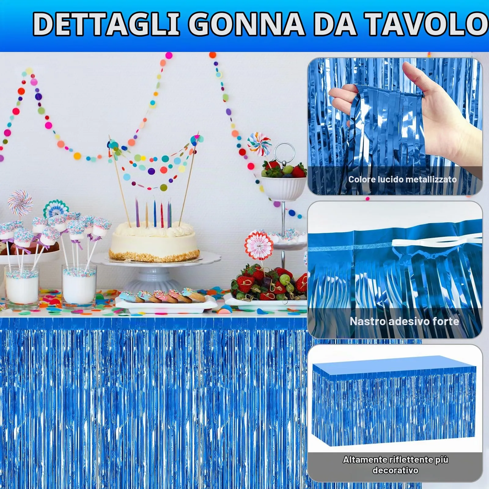Bouiexye Gonne da tavolo con frange in lamina, blu, 75 x 274 cm, confezione da 2 pezzi - immagine 3