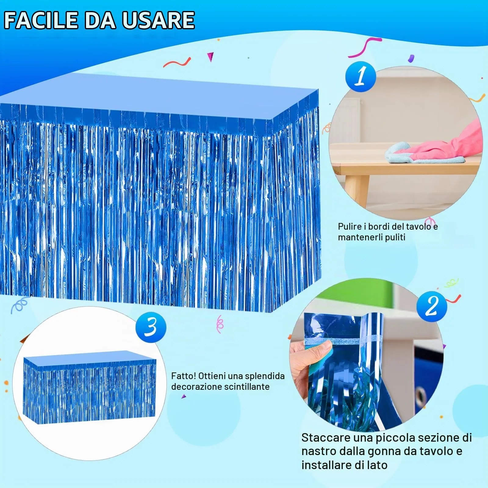 Bouiexye Gonne da tavolo con frange in lamina, blu, 75 x 274 cm, confezione da 2 pezzi - immagine 4