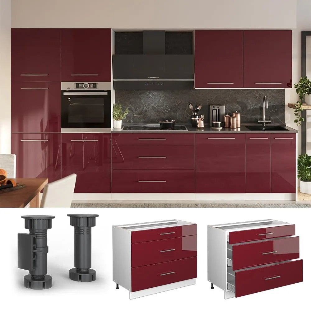 Vicco Fame-Line Mobiletto base per cucina, Bordeaux lucido/Bianco, 100 cm - immagine 4