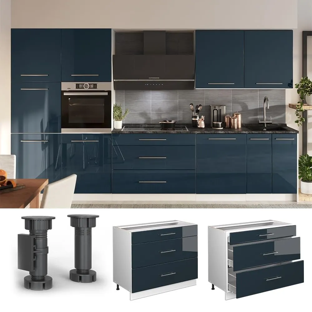 Vicco Fame-Line Mobiletto Base per Cucina Blu Scuro Lucido/Bianco 100 cm - immagine 4