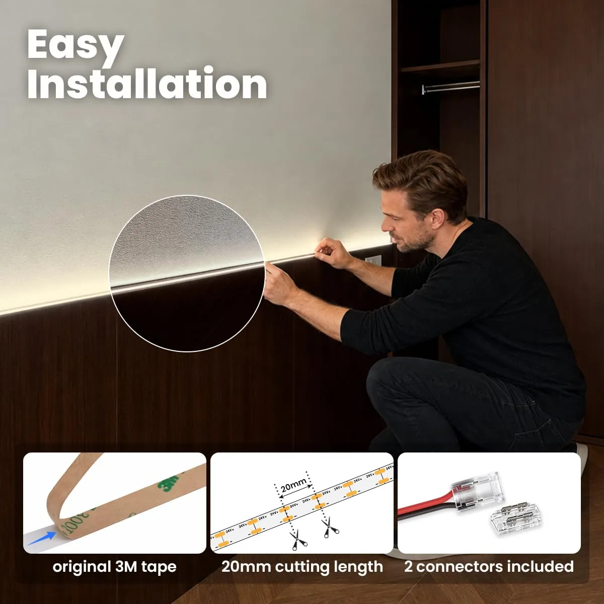 illuburg Striscia LED COB 24V Bianco Neutro 4000K 10m 400LED/m CRI90+ Dimmerabile Autoadesiva - immagine 4