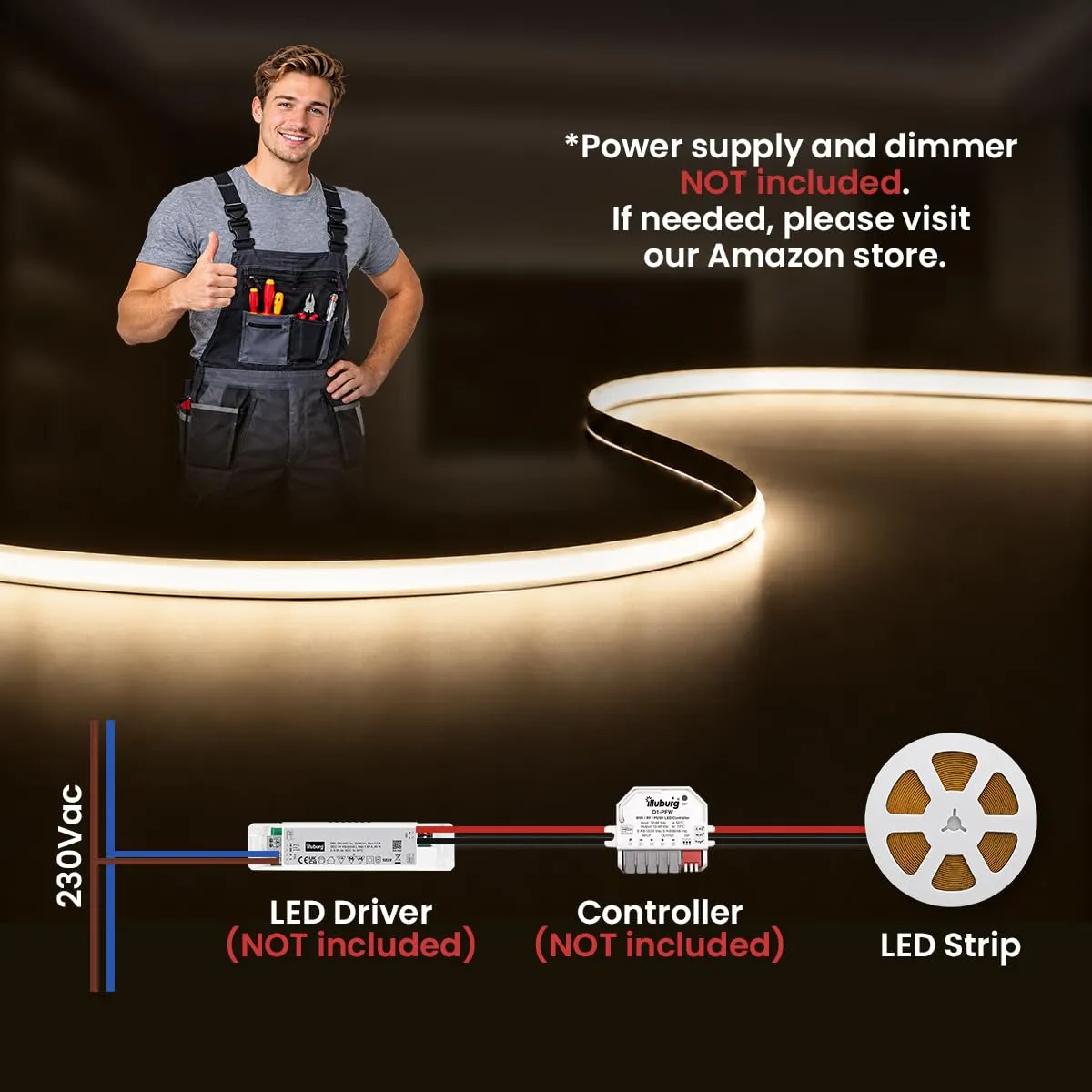 illuburg Striscia LED COB 24V Bianco Neutro 4000K 10m 400LED/m CRI90+ Dimmerabile Autoadesiva - immagine 5