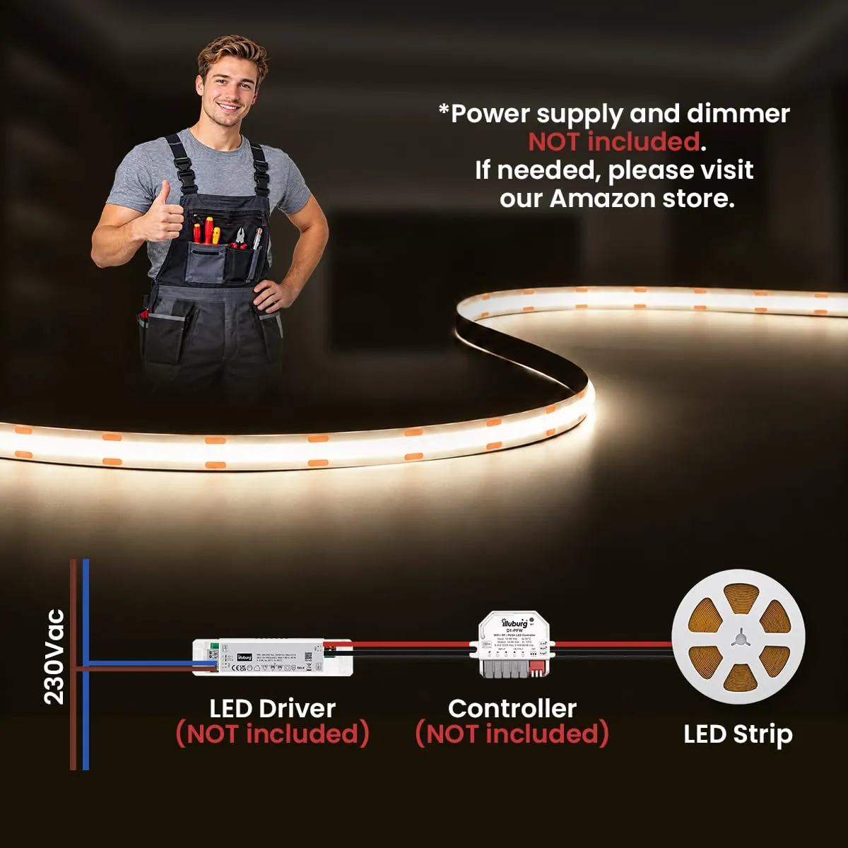 illuburg Striscia LED COB 24V Bianco Neutro 4000K 2,5m 480LED/m CRI90+ Dimmerabile Autoadesiva - immagine 5