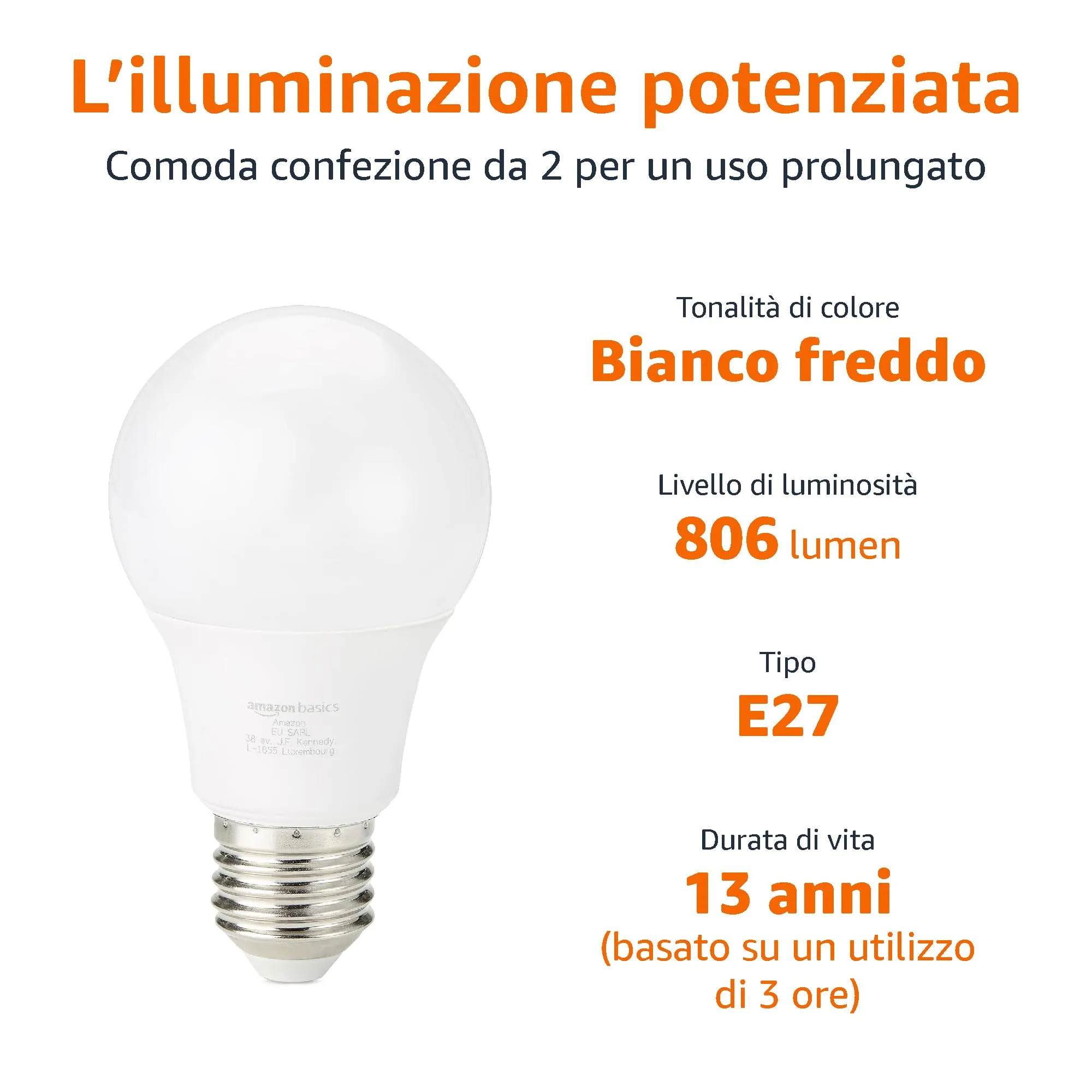 Amazon Basics Lampadina Edison a LED E27, 8W (60W), Bianco Freddo, Non Dimmerabile, Confezione da 2 pezzi - immagine 2