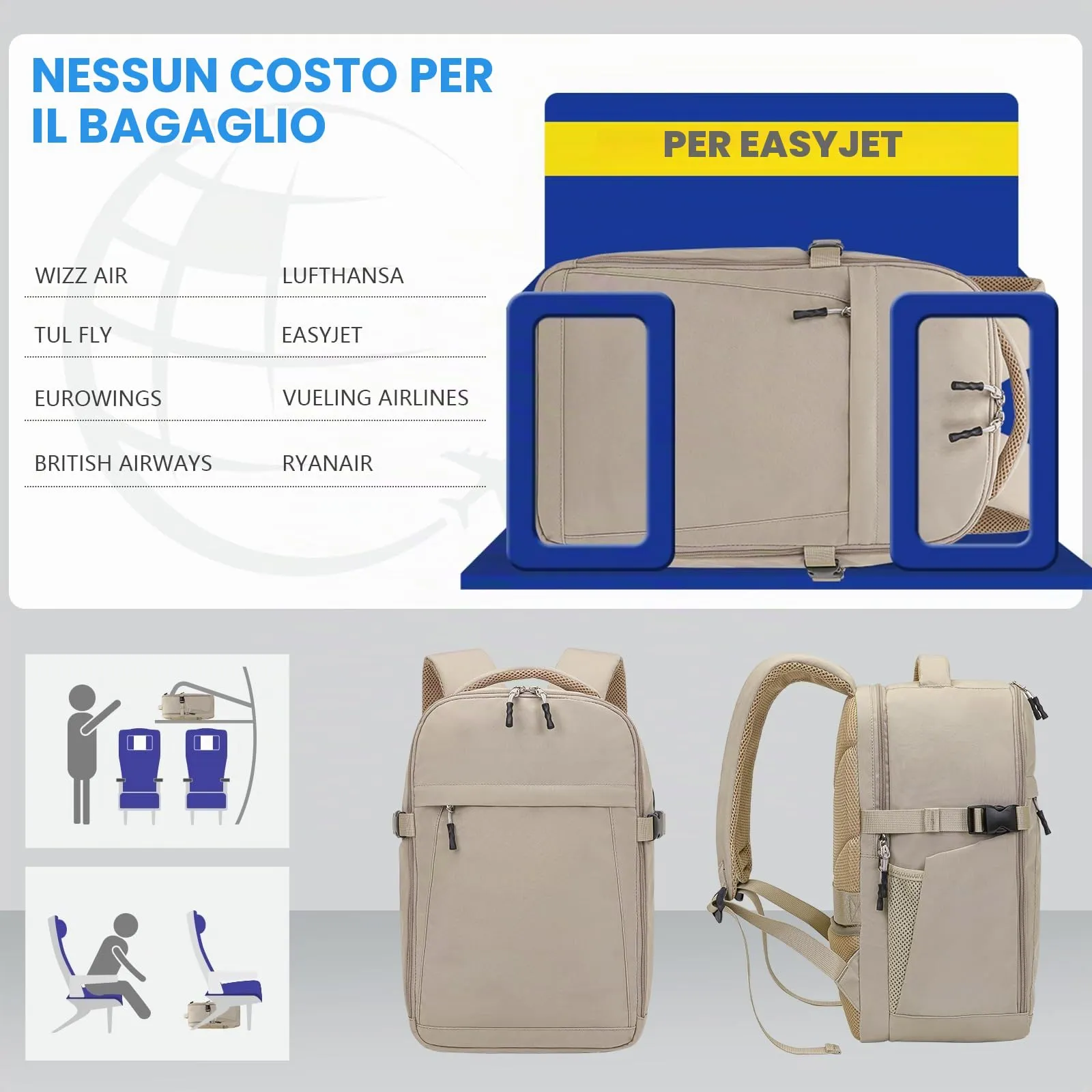 Xkdoai Zaino da Viaggio Bagaglio a Mano per Easyjet 45x36x20 cm - immagine 2