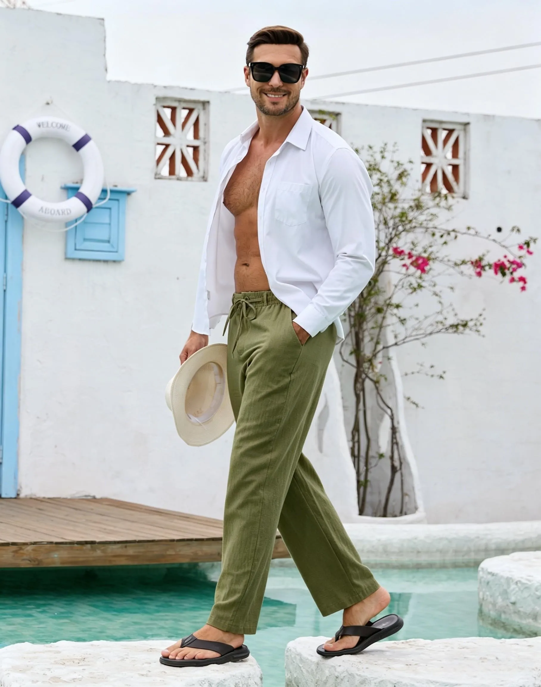 Cegerne Pantaloni di Lino Uomo Estivi Casual, Verde Militare, S - immagine 6
