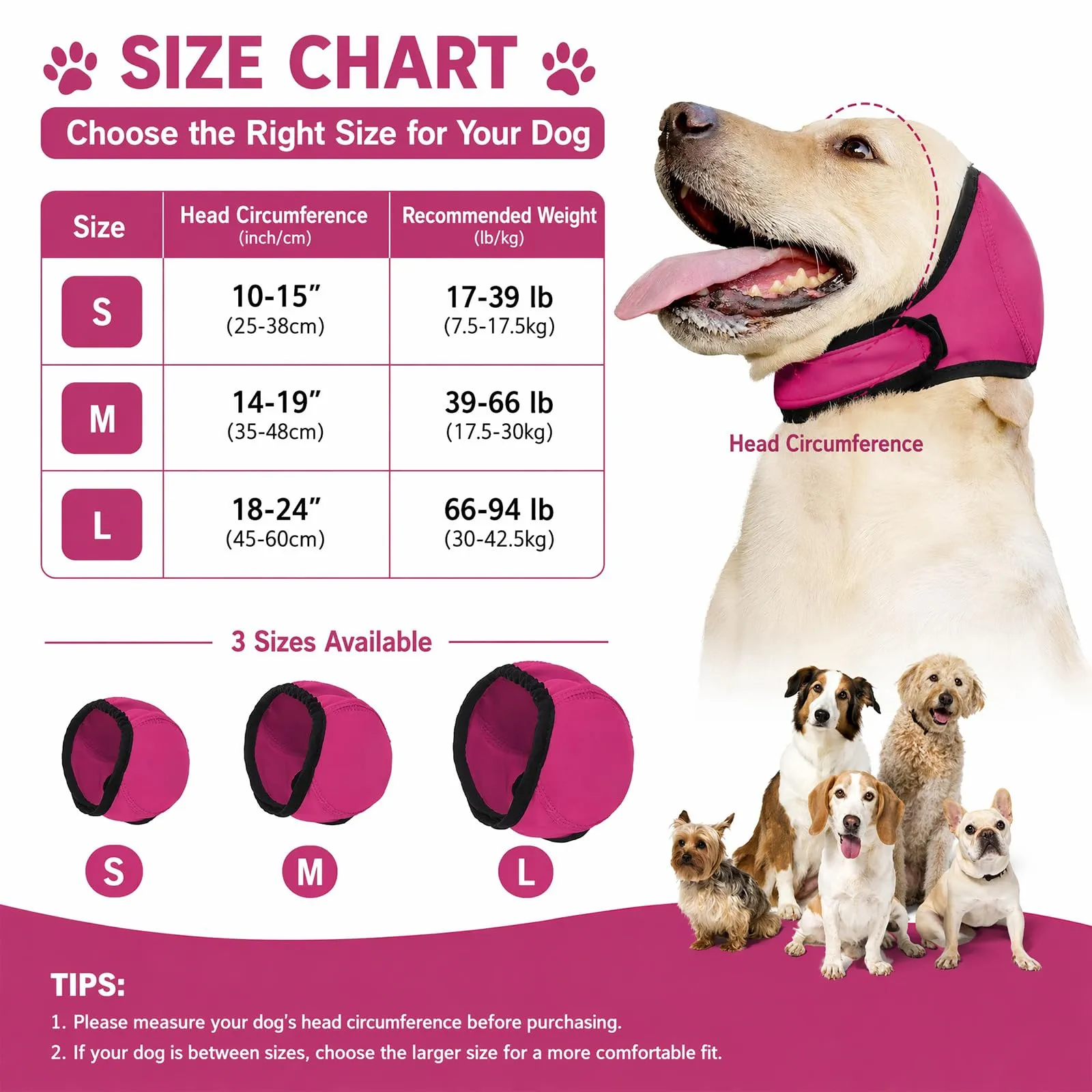 Naapesi Paraorecchie Antirumore per Cani, Fascia Elastica Calmante per Ansia, Bagno e Toelettatura (L-Rosa) - immagine 2