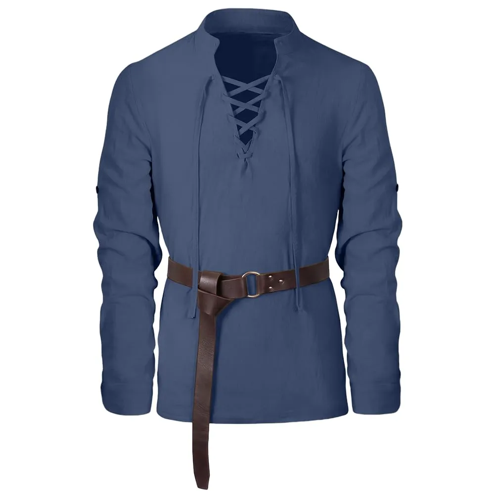 BSBUY Costume Medievale Uomo Rinascimentali Vintage Camicia con Cintura, Blu Navy - immagine 8