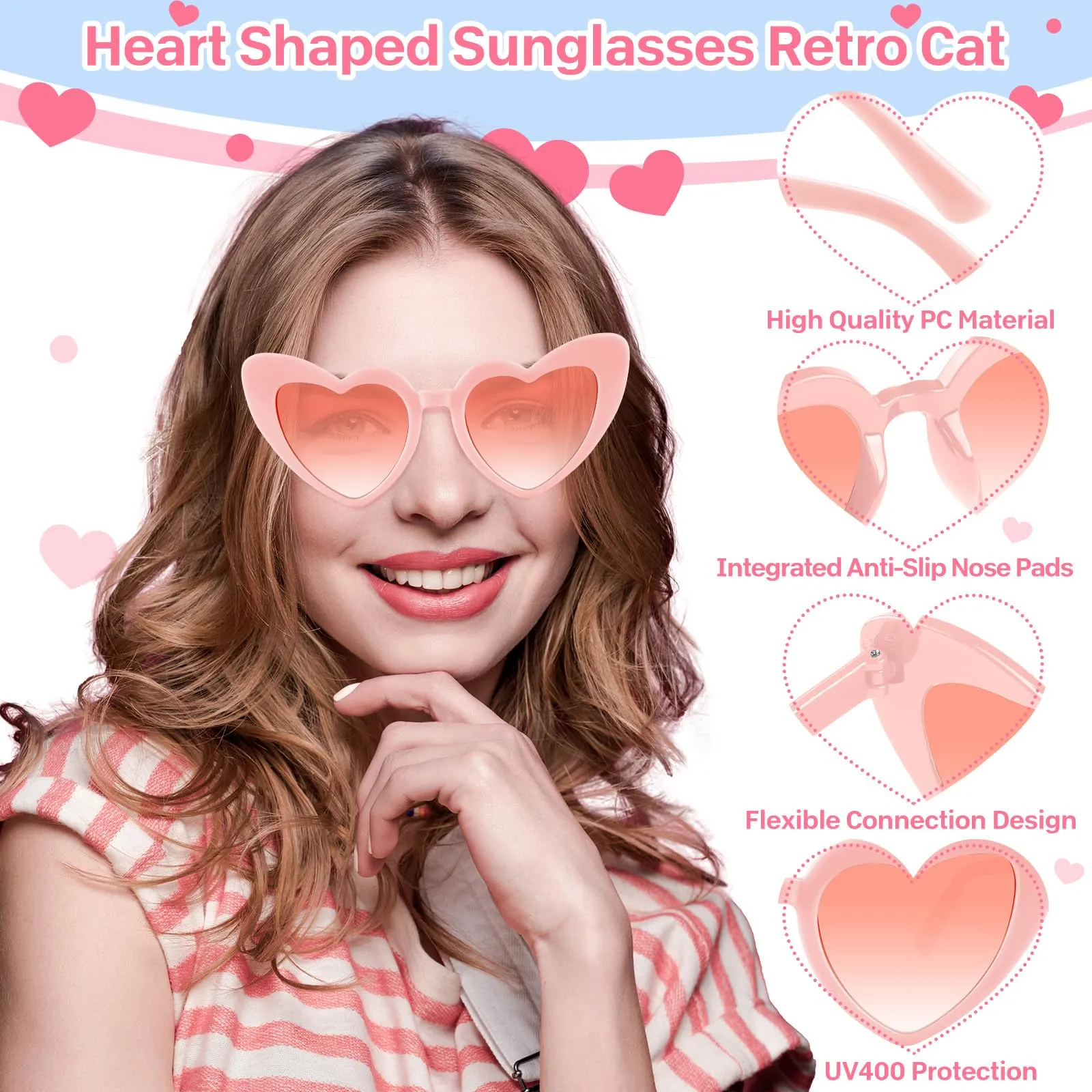 BOUBONI Occhiali da sole vintage a forma di cuore per donne, rosa chiaro - immagine 3